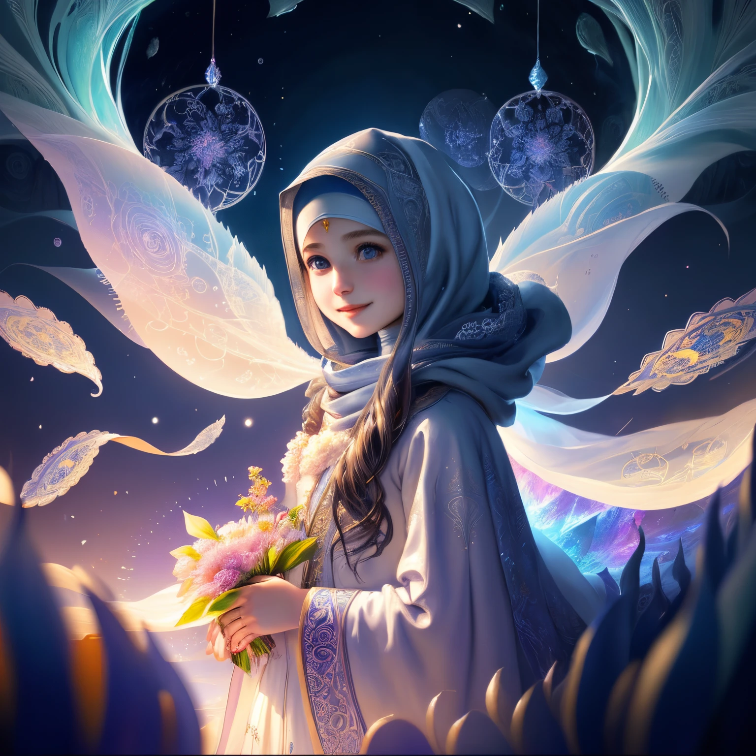 smiling face Subtle girl with flowers Full hijab, full dress, full robe, ethereal fantasy concept art of intricate paper quilled , vibrant, beautiful paper quills, hyper detailed, insane depth, gorgeous composition, chaotic but orderly . magnificent, celestial, ethereal, painterly, epic, majestic, magical, fantasy art, cover art, dreamy . magnificent, celestial, ethereal, painterly, epic, majestic, magical, fantasy art, cover art, dreamy