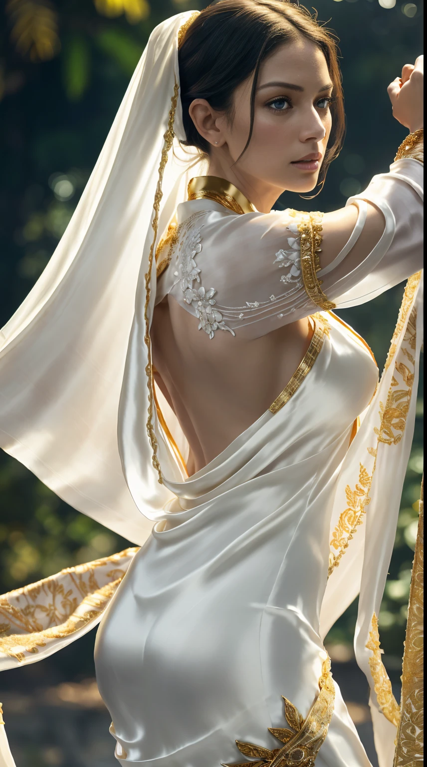 Photorealistic Production, (Realistic Image of a beautiful woman (Morena Baccarin:Alyssa Sutherland:0.5)), (Athletic Body:1.4), (Detailed Skin:1.2), (Wearing a Plunging White Ornated Kebaya Dress with Silk Cloth and Golden Jeweleries:1.6), (Sly Face), (Deep Cleavage), (Various Poses:1.6), Centered, From Front Shot, Intricately Detailed, Intricate Face Detail, Intricate Hand Details, Cinematic Shot and Lighting, Realistic Colors, Masterpiece, Sharp Focus, Ultra Detailed, Taken with DSLR camera, Realistic Photography, Depth of Field, Incredibly Realistic Environment and Scene, Master Composition and Cinematography, from behind