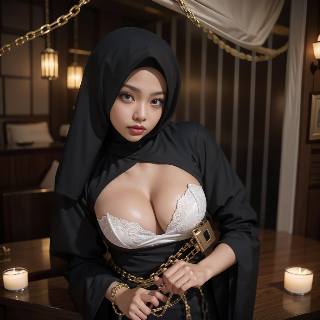 Highest image quality,Outstanding details,超高分辨率,1 Hijab Prostitute female prisoner,Hijab star She was in a cage,She wore prisoner's clothes,Chains,handcuff,scar,Robust body,Sexy and robust,Detailed abs,Detailed muscle lines,Large area tattoos,a lot of tattoos,dynamicposes,the night,Cage background,dim murky lights,Highly detailed handcuffs,Highly detailed prison uniforms,frontage,Full body photo,Look from the bottom up,look from down, looki at viewer