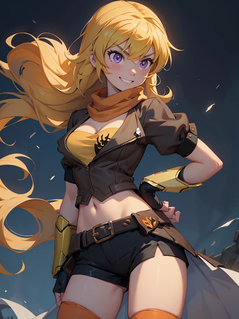 (masterpiece,
best quality:1.2), yang_xiao_long from rwby, cowboy shot, solo, 
1girl, yang xiao long, grin, hand on hip, very long hair, ahoge, purple eyes, brown jacket, yellow tube top, black shorts, black fingerless gloves, orange scarf, waist cape, midriff, cleavage, large breasts, prosthetic arm, boots, belt, walking in old library, looking at the camera, Hearty smile, Photo realistic, realistic facial features, realism, hyper detailed, hyper realistic, 8k, {{{extremely detailed}}}, (extremely detailed CG unity 8k wallpaper, masterpiece, cute round face