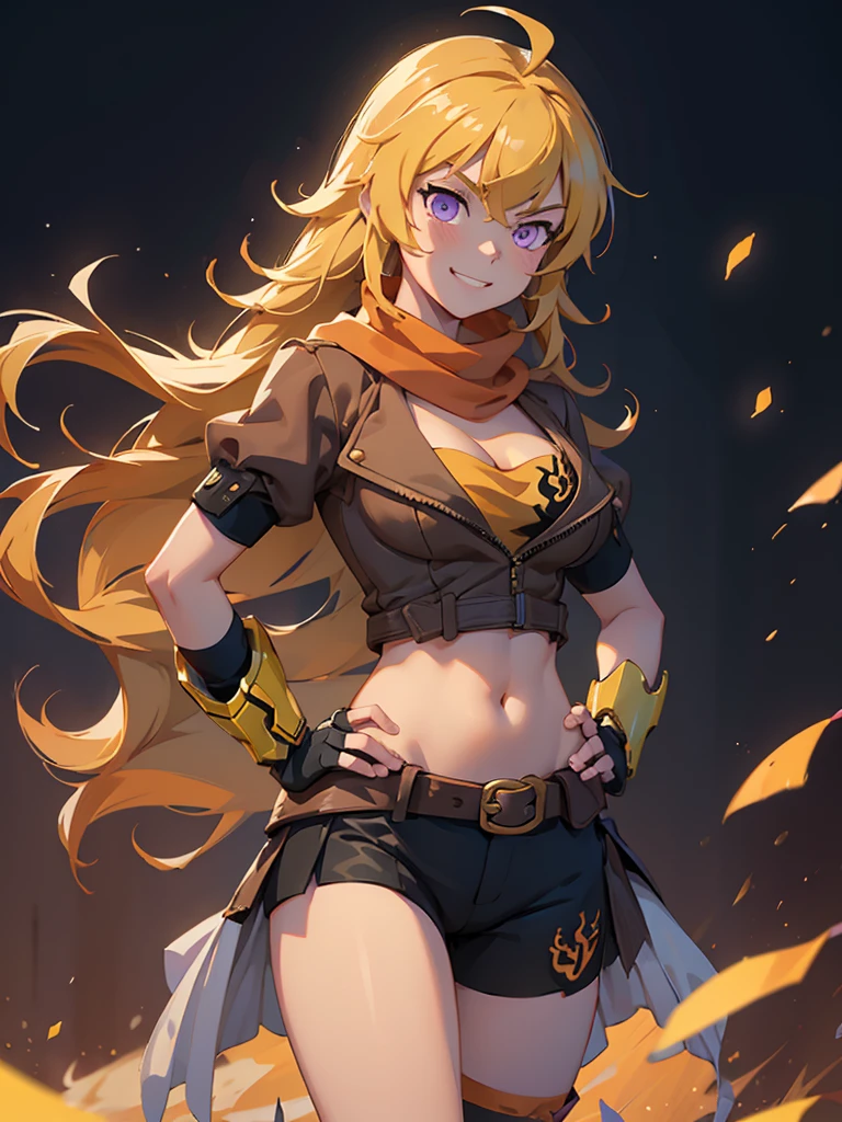 (masterpiece,
best quality:1.2), yang_xiao_long from rwby, cowboy shot, solo, 
1girl, yang xiao long, grin, hand on hip, very long hair, ahoge, purple eyes, brown jacket, yellow tube top, black shorts, black fingerless gloves, orange scarf, waist cape, midriff, cleavage, large breasts, prosthetic arm, boots, belt, walking in old library, looking at the camera, Hearty smile, Photo realistic, realistic facial features, realism, hyper detailed, hyper realistic, 8k, {{{extremely detailed}}}, (extremely detailed CG unity 8k wallpaper, masterpiece, cute round face