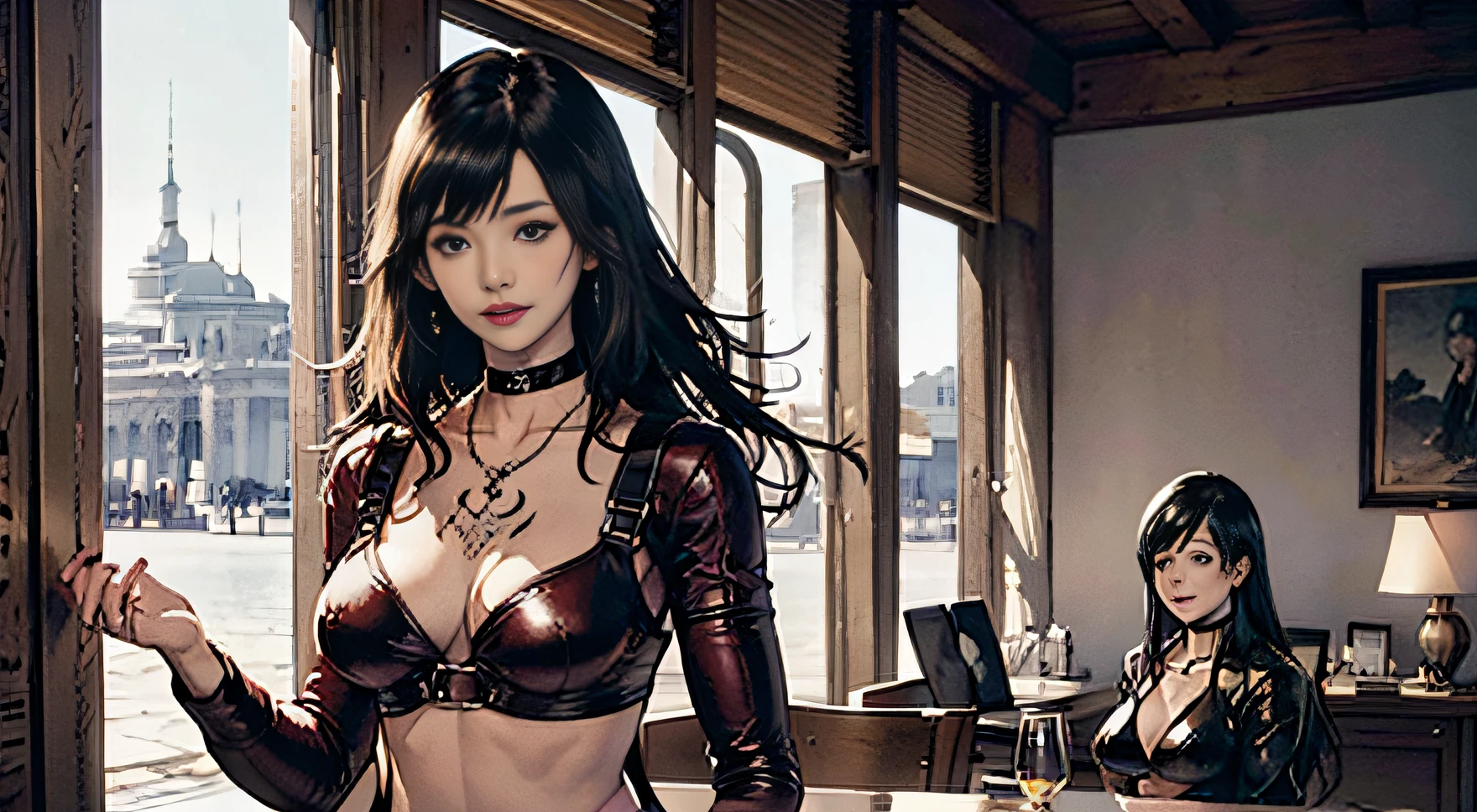 ((masterpiece:1.4)、(top-quality:1.4)、(reallistic:1.7))、master piece:1.4、(Top-of-the-line rendering:1.4)、(mangastyle:1.4)、Ultra-realistic portrait of Queen Quito, The beautiful queen of the galactic frontier planet Kaval、Super beautiful girl queen、((1girl in:1.4))、Shiny natural skin texture、(manga queen in a red leather outfit:1.4)、manga Pin-Up Girl:1.4、manga Beautiful Girl、Cute girl in manga clothing、garterbelts、(Wear a harness that fits your body:1.4)、Red Burberry Plaid Bikini、manga Room、manga 、Detailed manga red bikini:1.4、(An outfit that emphasizes beautiful breasts:1.4)、age19、(Cute tattoos:1.4)、(Perfect female body:1.4)、perfectly proportions:1.4、Portrait photo of a girl、(standing:1.4)、(Upper body photo:1.4)、Fantasyart、Soft front light、beautiful countenance、Beautiful udder、、Sexy ass、A detailed eye、Beautiful and attractive eyes、beautidful eyes、Narrow waist、beauty legs、Raw photo、red-lips、Red high heels、(tiarra:1.4、a choker:1.4、a necklace:1.4、)、1 screen display、A super beautiful queen standing in a manga palace