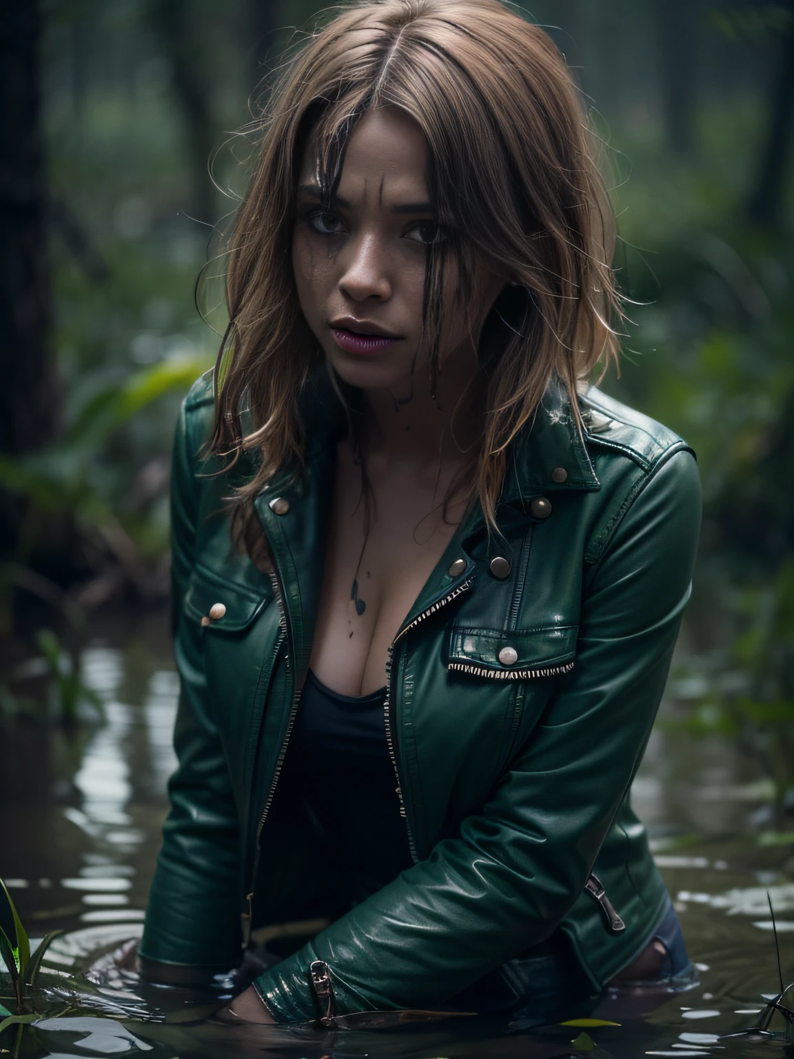 Tormented by lust, caught by surprise in the forest, Indulging your sexual fetish, drowned in a swamp, standingn. Her face is haggard and dehydrated. She is perplexed and looks around in fright. gloomy ecstasy,
TAGS: blurred background, (wearing jeans), leather jacket, in blouse wearing, (drowning in a swamp up to his thighs:1.3), (Short hair gathered in a ponytail),