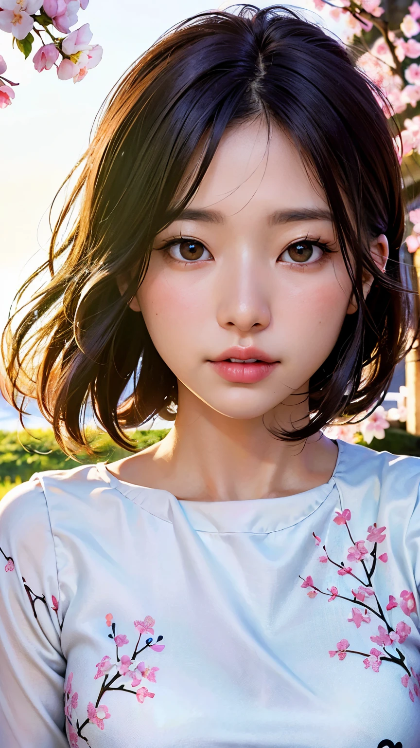 (A logo、masterpiece、8K、masutepiece、Raw photo、Fantastic、Best Quality、Photorealistic、extremely detailed CG unified 8k wallpaper、hightquality、ighly detailed、epic poem、Particle effect、Dynamic effects、depth of fields、Cinematic Light、Lens Flare、Ray tracing)、Fantasia、 (Beauty 1 person、White Japanese Clothing、Japanese dress、White cherry blossom pattern、White cherry blossom embroidery pattern、A dark-haired、Beautiful face、Real Face、Beautiful detail eyes、Beautiful skin)、Hair flutters in the wind、Hair jumps、Pink cherry blossom tree、Petals flutter、Sakura blizzard、Superb view、morning glow、Sun in the background、the wind、Deities、tusk、myth、Vast Land、
