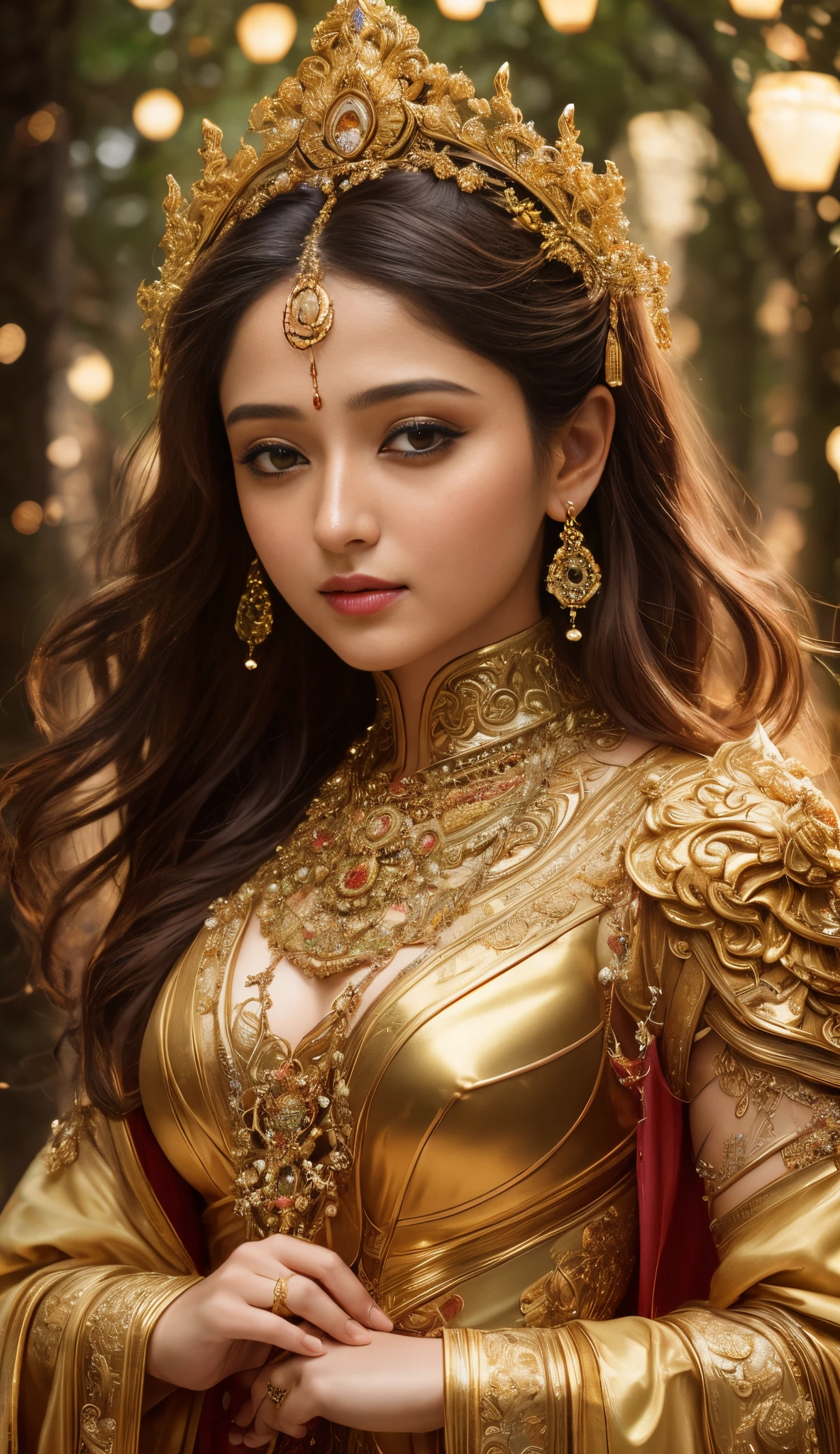 Face mix of Anushka Shetty and Nayanthara, a masterpiece ultrarealistic ultradetailed portrait of a beautiful girl in incredible goledn armor. baroque renaissance. in forest. medium shot, intricate, elegant, highly detailed. trending on artstation, digital art, by stanley artgerm lau, wlop, rossdraws, james jean, andrei riabovitchev, marc simonetti, yoshitaka amano. background by james jean and gustav klimt, light by julie bell, 4 k, porcelain skin.