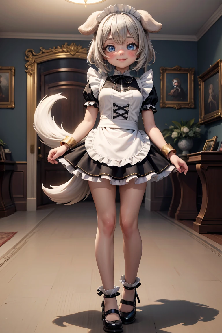 masterpiece, extremely detailed, volumetric light, 1girl, dog themed succubus, wearing black and white frilly maid outfit, gold hair, dog ears, fluffy dog tail, dog eyes, dog nose, smile, sunny,  inside a mansion setting, blushing, (beautiful detailed eyes), (extremely detailed CG unity 8k wallpaper) (best shadow), full body