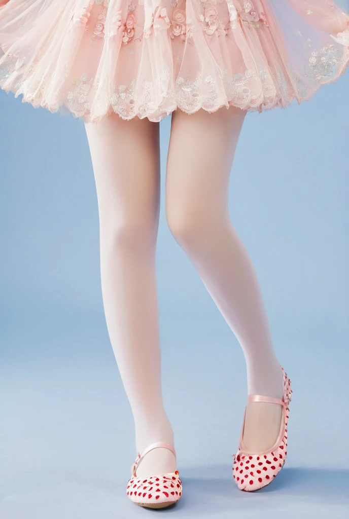 ((reference sheet)), (((a realistic one, detailed art)) , Seven-head body ratio、A girl with super long twin tails reaching her waist. She is wearing a strapless dress, Light pink dress with spaghetti straps,Decorated with floral pattern and small strawberries, Lace trim at neckline. She also paired it with pure white tights (Lace pantyhose). Artwork should include full-body views from the front and back, Her arched feet and diamond ballet flats are clearly visible, and detailed close-ups of her face and shoes............, Similar to previous description,But the perspective or posture is different.