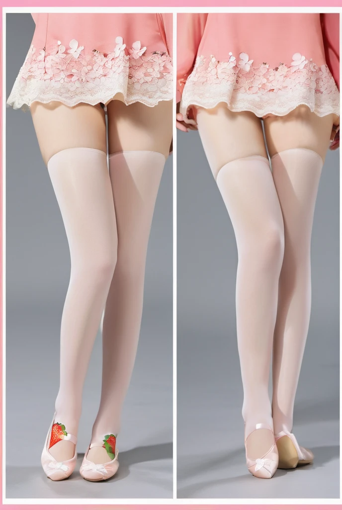 ((reference sheet)), (((a realistic one, detailed art)) , Seven-head body ratio、A girl with super long twin tails reaching her waist. She is wearing a strapless dress, Light pink dress with spaghetti straps,Decorated with floral pattern and small strawberries, Lace trim at neckline. She also paired it with pure white tights (Lace pantyhose). Artwork should include full-body views from the front and back, Her arched feet and diamond ballet flats are clearly visible, and detailed close-ups of her face and shoes............, Similar to previous description,But the perspective or posture is different.