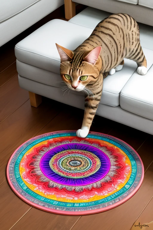 gato jugando con una mandala redonda con colores vivos.