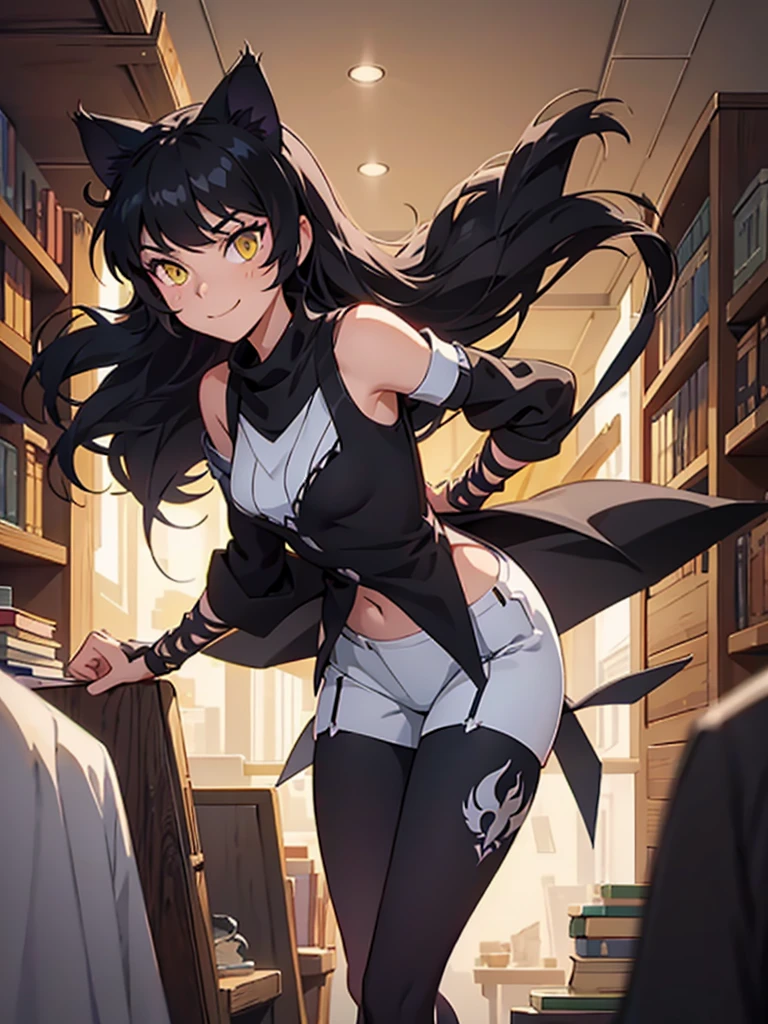 blake belladonna from RWBY, long hair, black hair skinny, medium breasts, solo, cat ears, walking through old library, smile, embarrassed, yellow eyes, black hair bow, black-white outfit, white shirt, detached sleeve, pantyhose, legwear under white shorts, black boots, black wrist straps, navel, Photo realistic, realistic facial features, realism, hyper detailed, hyper realistic, 8k, {{{extremely detailed}}}, (extremely detailed CG unity 8k wallpaper, masterpiece, cute face