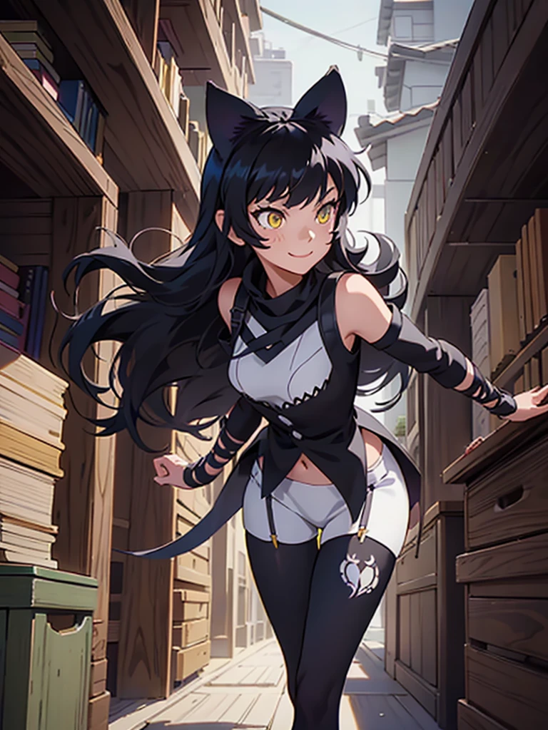 blake belladonna from RWBY, long hair, black hair skinny, medium breasts, solo, cat ears, walking through old library, smile, embarrassed, yellow eyes, black hair bow, black-white outfit, white shirt, detached sleeve, pantyhose, legwear under white shorts, black boots, black wrist straps, navel, Photo realistic, realistic facial features, realism, hyper detailed, hyper realistic, 8k, {{{extremely detailed}}}, (extremely detailed CG unity 8k wallpaper, masterpiece, cute face
