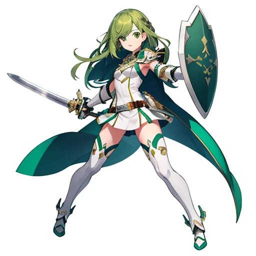 1girl, sword, holding sword, gloves, white background, full body, solo, gauntlets, multiple views, white cape, small shield, holding shield, thigh high, ((dark green hair)), wavy hair,