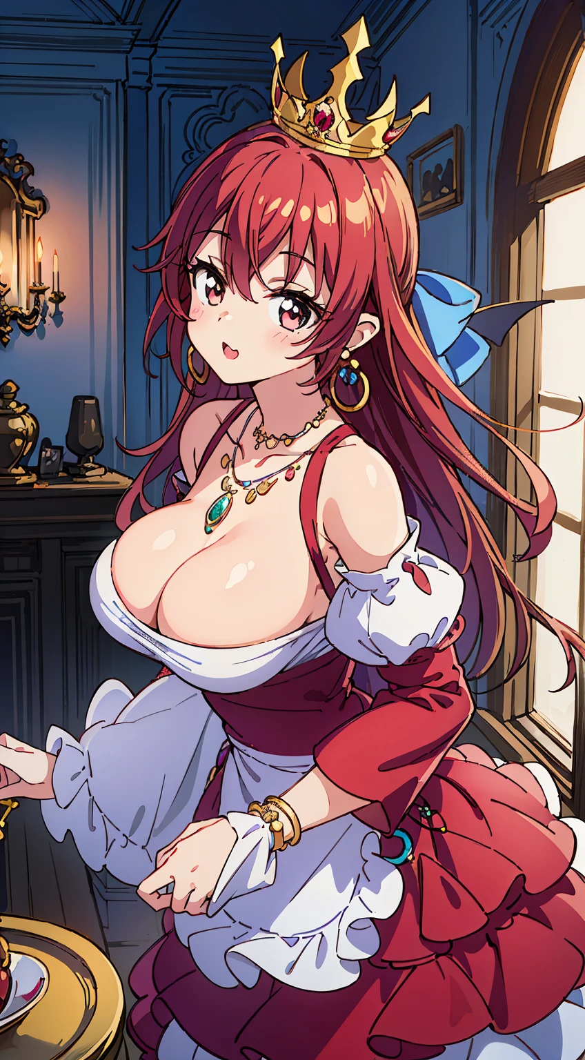 (Cute illustration:1,2),(Absurd realistic structure details),(High resolution complex and detailed text quality),(High-resolution microstructure、High poly 3 boobs boobs boobs boobs boobs boobs boobs D rendering correction),Methods of geometry,Careful explanatory anatomy,
BREAK,
1 beautiful girl, (Beauty:1.5),(Chibi:0.5),(kawaii:2.0),(Cool:2.0),((17 year old girl),(Solo:1.65),BREAK, (huge-breasted:1.2,), Clear skin, Beautiful skin, Shy, 1 beautiful woman,Demons,Colossal tits(Hair Bow, Red hair, Long hair, flipped hair, hair messy,Wings of an angel on the back, Demon King's horn on the head:1.2), (Red Eyes, long eyelashes, Double eyelids: 1.2), Shiny skin,de pele branca,dial,(best quality face),(Top quality glowing eyes),(Elegant smile,Doya face:1.3),BREAK (Princess), (((Elegant))), (queen jewel crown:1.3)goddess like,Golden lingerie, (Red Princess Dresses,hoop long skirt:1.6),(princess fantasy jewelry dress, Layered sleeves,Jewelry Necklaces,Ruby Earrings:1.5),Naughty makeup BREAK,(early evening),is standing, From above, high - angle view, White table, tea cup, urgent, golden gift box, (medieval fantasy jewel castle,window,jewelry chandelier:1.3),(Indoors),Winters,Waterfall,depth of fields, ,The outstretched arm BREAK,wakame,wakame,wakame,(Dynamic Angle:1.4),
BREAK,(Blurry background:1.3),(absurderes, hight resolution, Super Detail Art),cel shading,Clear Color, Lonely optical effect, Beautiful pictures, Bright glow, mystic atmosphere,(Close-up of girl:1.1), Mystical light particle effect,manga influence, clean line drawings,