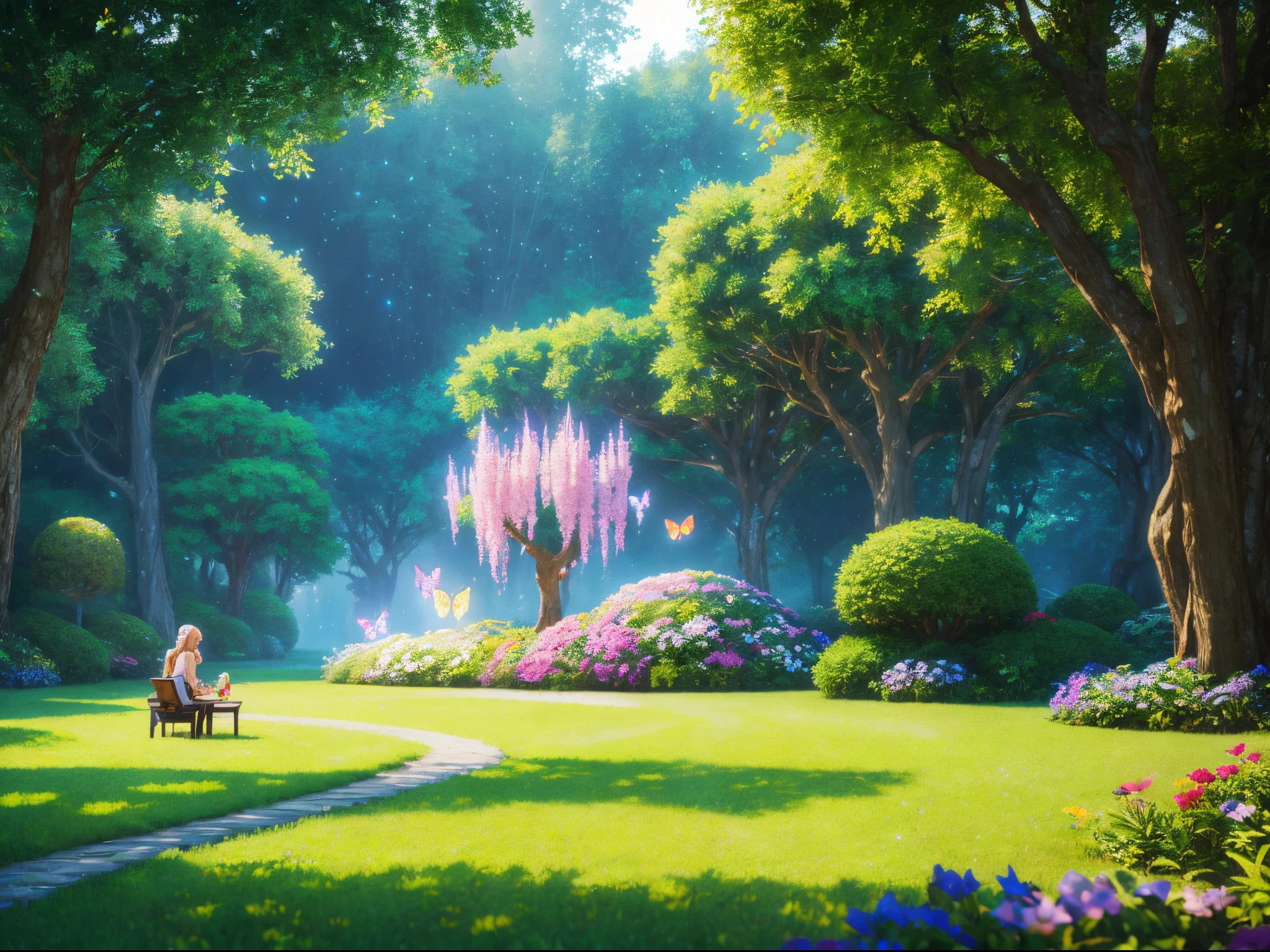 Playfully blend AI and organic elements in a whimsical landscape, featuring robotic butterflies pollinating pixelated flowers and quirky talking trees. (best quality,4k,highres,masterpiece:1.2),ultra-detailed,realistic:1.37,illustration,imaginative scene,enchanted forest,playful atmosphere,vibrant colors,pixie dust,ethereal lighting,soft pastel tones,fantasy art,mosaic textures,happy AIs,technology meets nature,harmonious blend of digital and natural beauty,toy-like trees,talkative and animated foliage,digital insects,futuristic garden,electronic butterflies,magical ambiance,delicate pollination process,whimsical details,organic and technological fusion,emerging pixels,harmony of artificial and organic life,colorful garden of tomorrow,animated robotic butterflies,pixel art flowers,joyful and lively scenery,magical landscape with a twist,robotic creatures in a natural setting,twinkling lights and interactive nature,juxtaposition of realism and technology. enormous tits