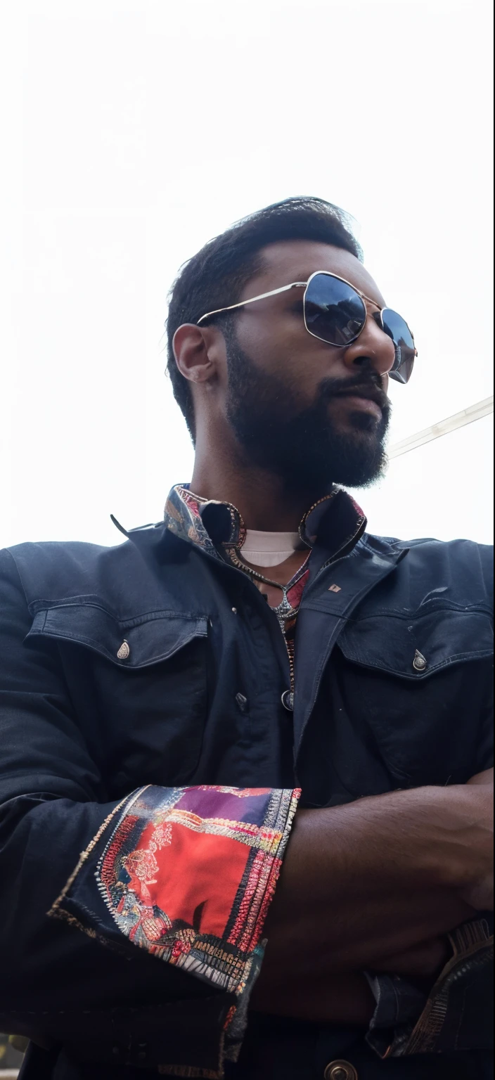 there is a man with a beard and sunglasses standing with his arms crossed, olhando heckin legal e elegante, Foto de perfil, usando um parker, Raphael Lecoste, imagem de perfil, vestido casualmente, medium head to shoulder shot, Jemal Shabazz, imagem de qualidade muito baixa, Jean Deville, taken in the early 2020s, sentar-se casualmente no estilo anime