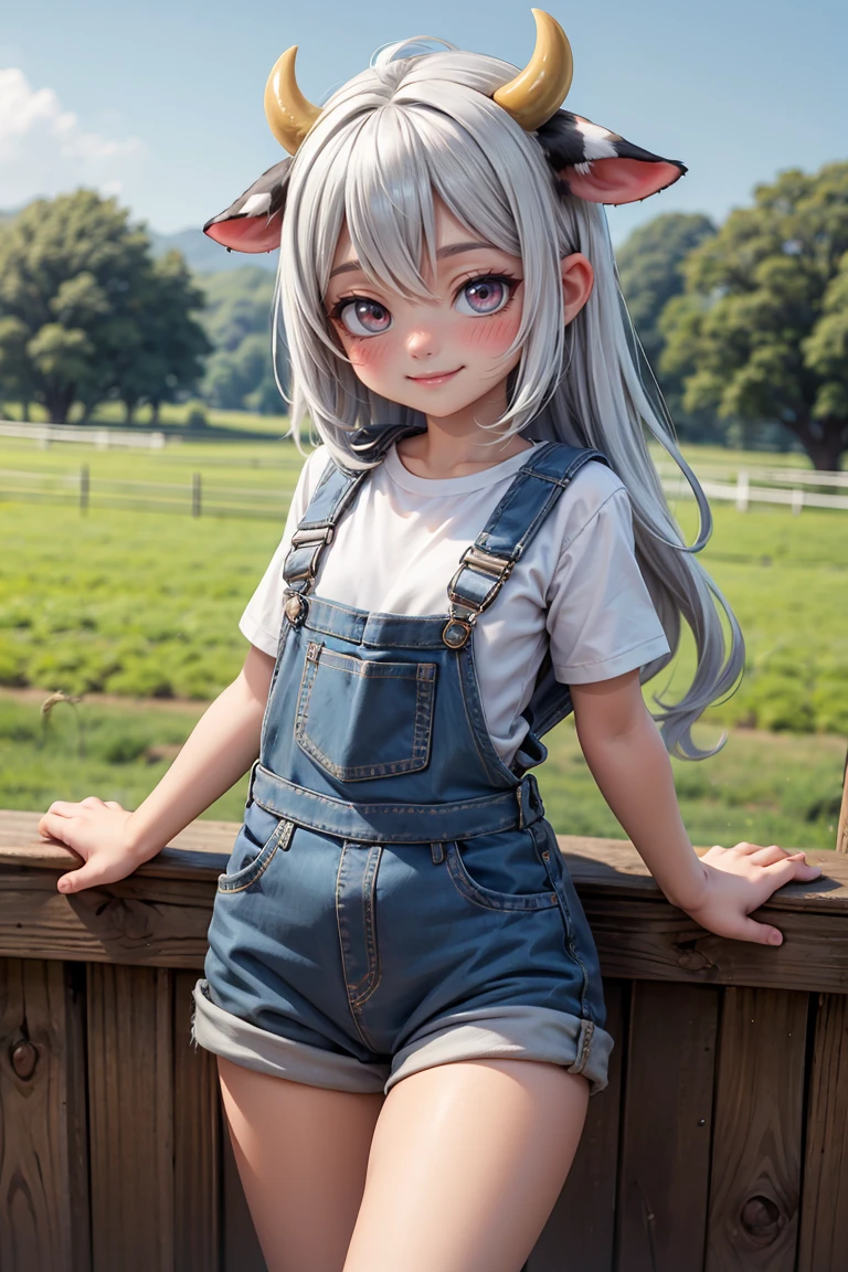 cow themed succubus wearing blue farm overalls over a white shirt, black and white hair, cow ears, cow tail, cow eyes, smile, sunny, in a farm, blushing