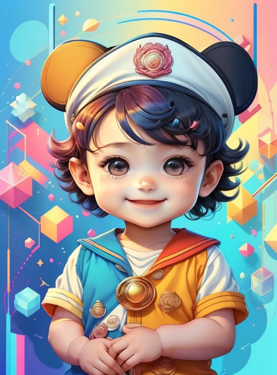 ) ((((cute baby boy with sailor hat smiling) ((Mikey)) - Criador: Walt Disney2023) ), ,, ( Walt Disney acolchoamento ,multidimensional geometric wall PORTRAIT, arte, Chibi,
Yang08k, lindo, Colouring,Rose
Primary works, qualidade superior, melhor qualidade, Arte Oficial, Beautiful and Aesthetic,)) ), ,,  Walt Disney acolchoamento ,multidimensional geometric wall PORTRAIT, arte, Chibi,
Yang08k, lindo, (Colouring, rosa), amarelo ,azul ,vermelho e branco)
Primary works, qualidade superior, melhor qualidade, Arte Oficial, Beautiful and Aesthetic,