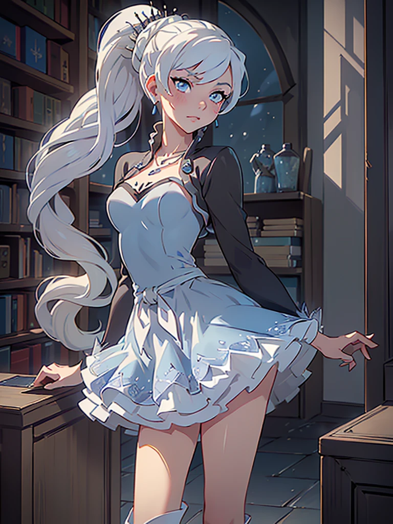 (masterpiece, best quality:1.2), (Weiss Schnee \(Rwby\)), ((small breasts, perky breasts:1.5, best nose, medium lips:1.5, glossy lips:1.5, vertical scar over eye:1.5, large eyes)) cowboy shot, solo, 1girl, weissvale, serious expression, closed mouth, looking at viewer, ponytail, side ponytail, silver tiara, ((starry blue white dress:1.5, short dress), white boots jewelry, necklace, earrings, walking in old library, ((best quality)), ((highly detailed)), absurdres, blue eyes, detailed eyes, deep eyes