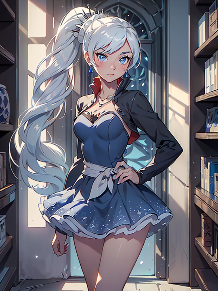 (masterpiece, best quality:1.2), (Weiss Schnee \(Rwby\)), ((small breasts, perky breasts:1.5, best nose, medium lips:1.5, glossy lips:1.5, vertical scar over eye:1.5, large eyes)) cowboy shot, solo, 1girl, weissvale, serious expression, closed mouth, looking at viewer, ponytail, side ponytail, silver tiara, ((starry blue white dress:1.5, short dress), white boots jewelry, necklace, earrings, walking in old library, ((best quality)), ((highly detailed)), absurdres, blue eyes, detailed eyes, deep eyes