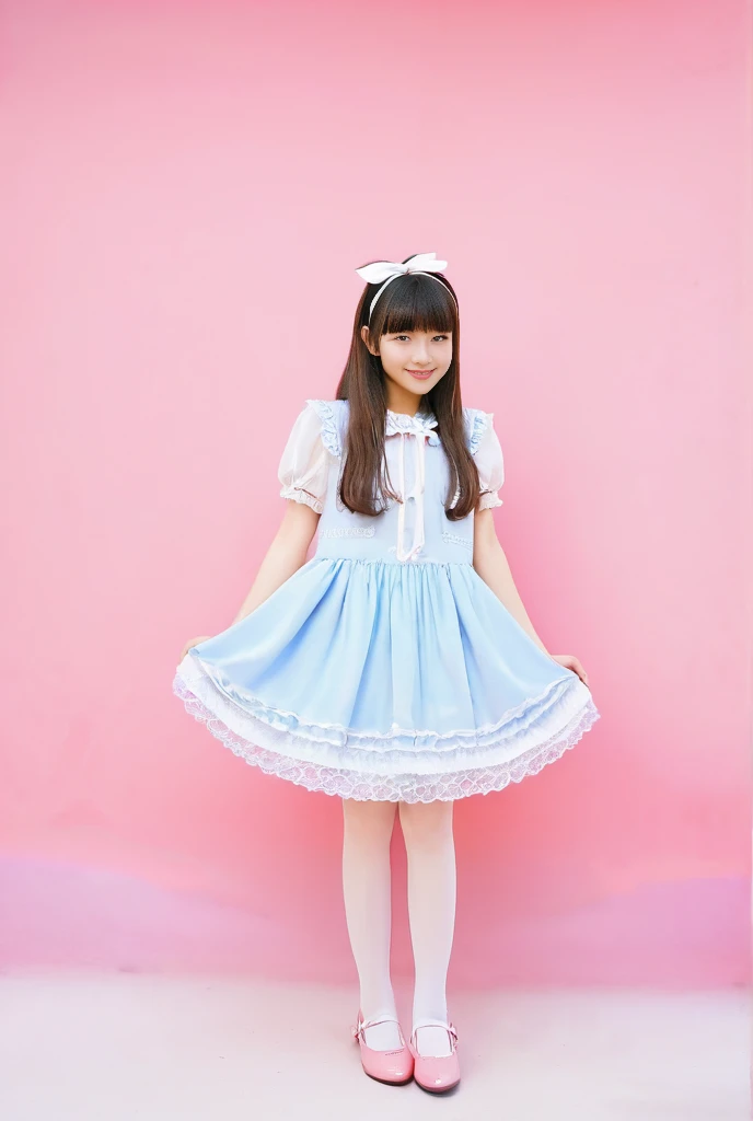 A -yead girgirl, small loliAlone, standing on your feet,ssmile(china idol, Pink and white princess dress, White panty hose,Mary Jane shoes )(Bow hair ornament,)through bangs, white backgrounid, mid closeup,85mm lens, tmasterpiece, (An extremely exquisite one), (Best quality at best),超高分辨率,HighDynamicRange,hyper HD,8K,Best quality at best,The content is very detailed,Focus sharp,physically-based renderingt,professional,Simple blue sky background,Photography with the Leica M11