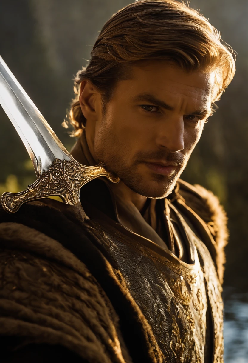 A photo of Jaime arrogantly posing with a freshly polished golden sword, admiring himself in the reflection of the blade.,Game of Thrones TV series,Jaime is handsome, blonde, with green eyes, and a golden hand, famously portrayed by Nikolaj Coster-Waldeau, male