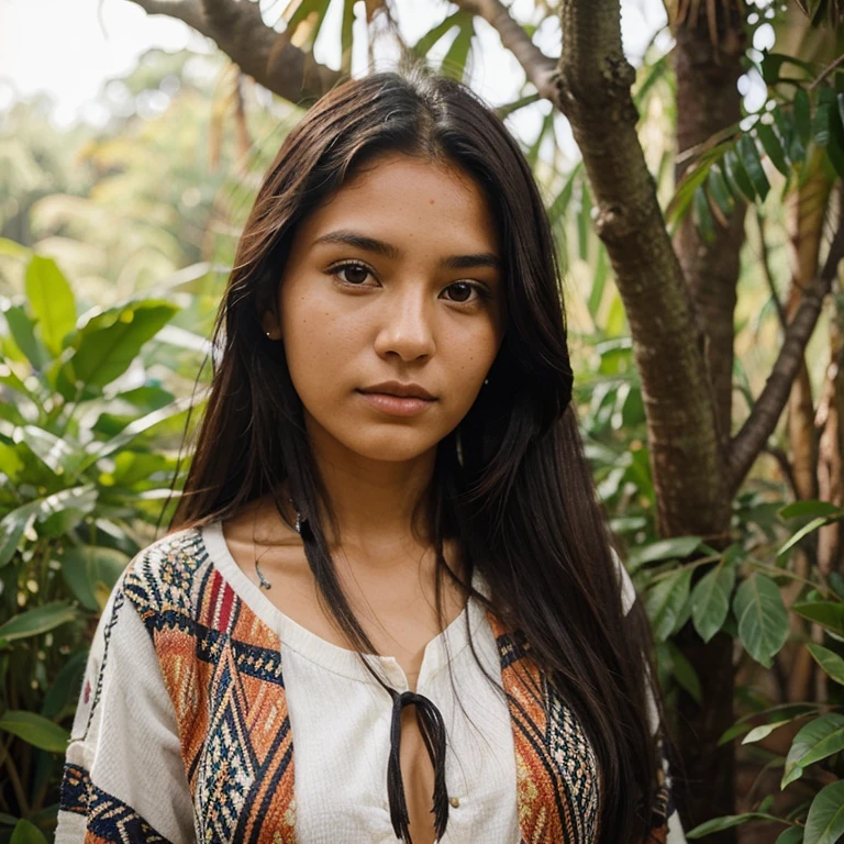 Indigenous woman 20 years old, cabelos longos e pretos olhos puxados na floresta