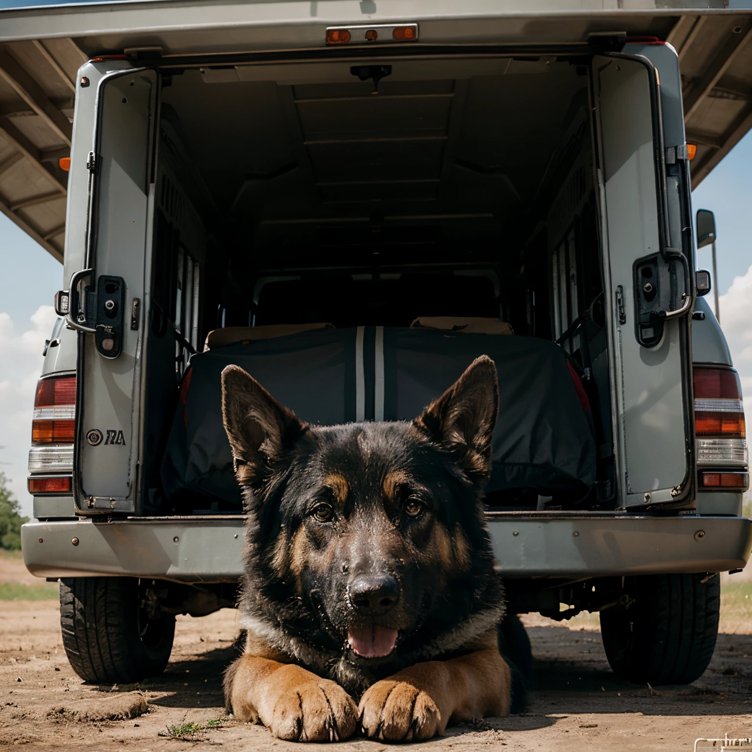 Storybook illustrated German Shepherd peeking out from under army truck