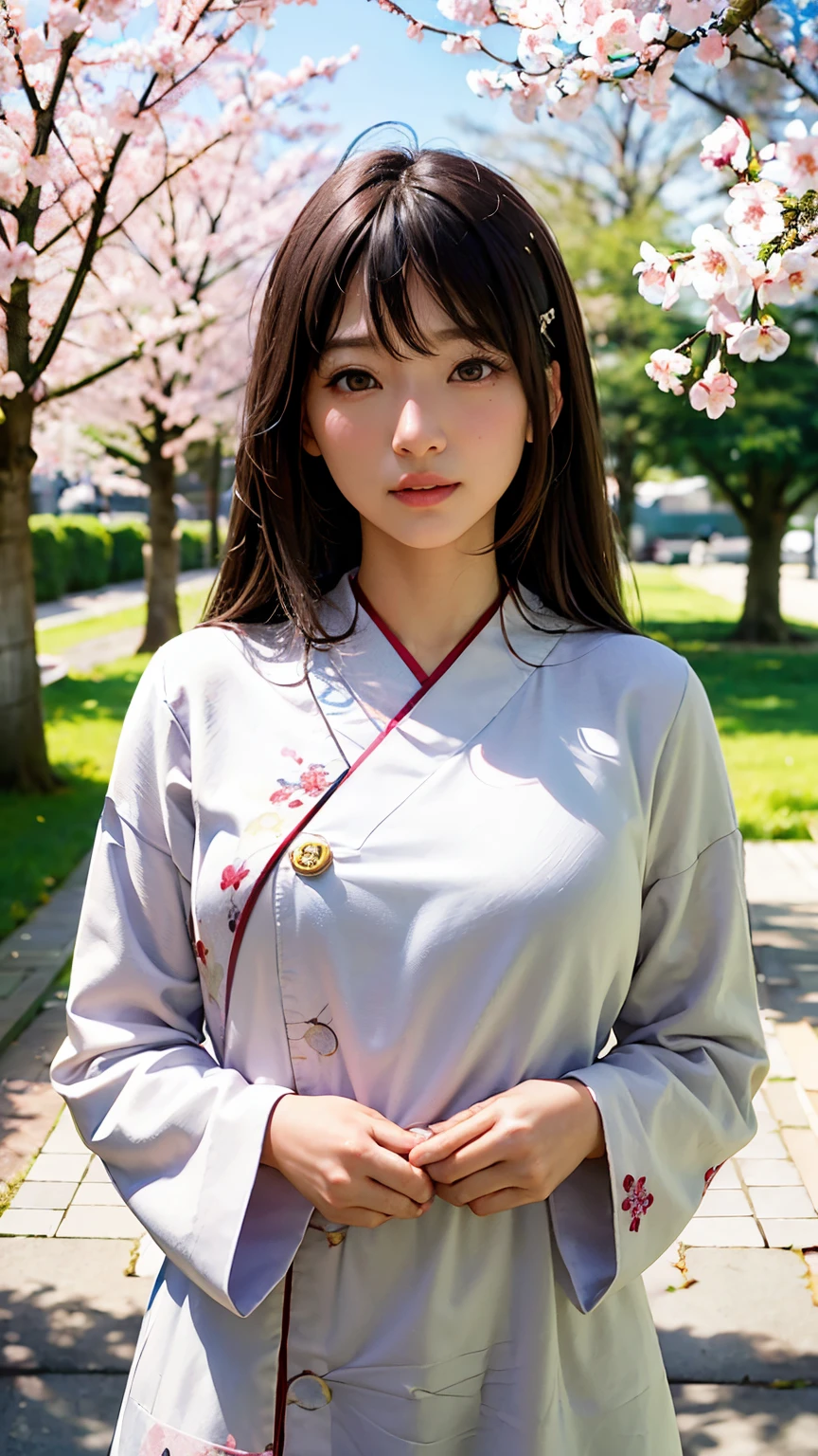(A logo、masterpiece、8K、masutepiece、Raw photo、Fantastic、Best Quality、Photorealistic、extremely detailed CG unified 8k wallpaper、hightquality、ighly detailed、epic poem、Particle effect、Dynamic effects、depth of fields、Cinematic Light、Lens Flare、Ray tracing)、Fantasia、 (Beauty 1 person、White Japanese Clothing、Japanese dress、White cherry blossom pattern、White cherry blossom embroidery pattern、A dark-haired、Beautiful face、Real Face、Beautiful detail eyes、Beautiful skin)、Hair flutters in the wind、Hair jumps、Pink cherry blossom tree、Petals flutter、Sakura blizzard、Superb view、morning glow、Sun in the background、the wind、Deities、tusk、myth、Vast Land、
