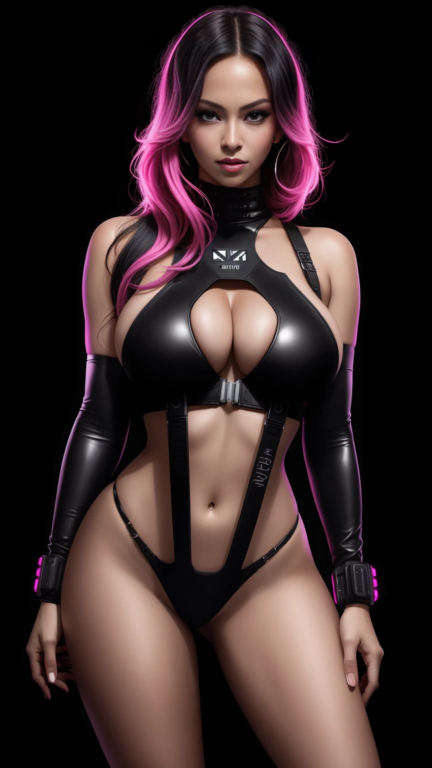 there is Beyoncé standing, 3 d neon art of a womans body, neon-noir background, cyberpunk femme fatale, seductive cyberpunk dark fantasy, cyberpunk strip clubs, cyberpunk 20 y. o model girl, oppai cyberpunk, banner, high definition cgsociety, cgsociety masterpiece, trending on cgstation, kda, random hair, looking at camera, gigantic breasts, cleavage, (high detailed skin:1.2), 8k uhd, dslr, super lighting, high quality, film grain, high res, highly detailed, hyper realistic, beautiful face, beautiful body, beautiful eyes nose lips, alluring expression, very bold, upper boobs visible, full body photo, standing legs apart, pale translucent glowing skin, most beautiful face, cute, (well defined pubic hair:1.2)), (dark plain black background:1.4))