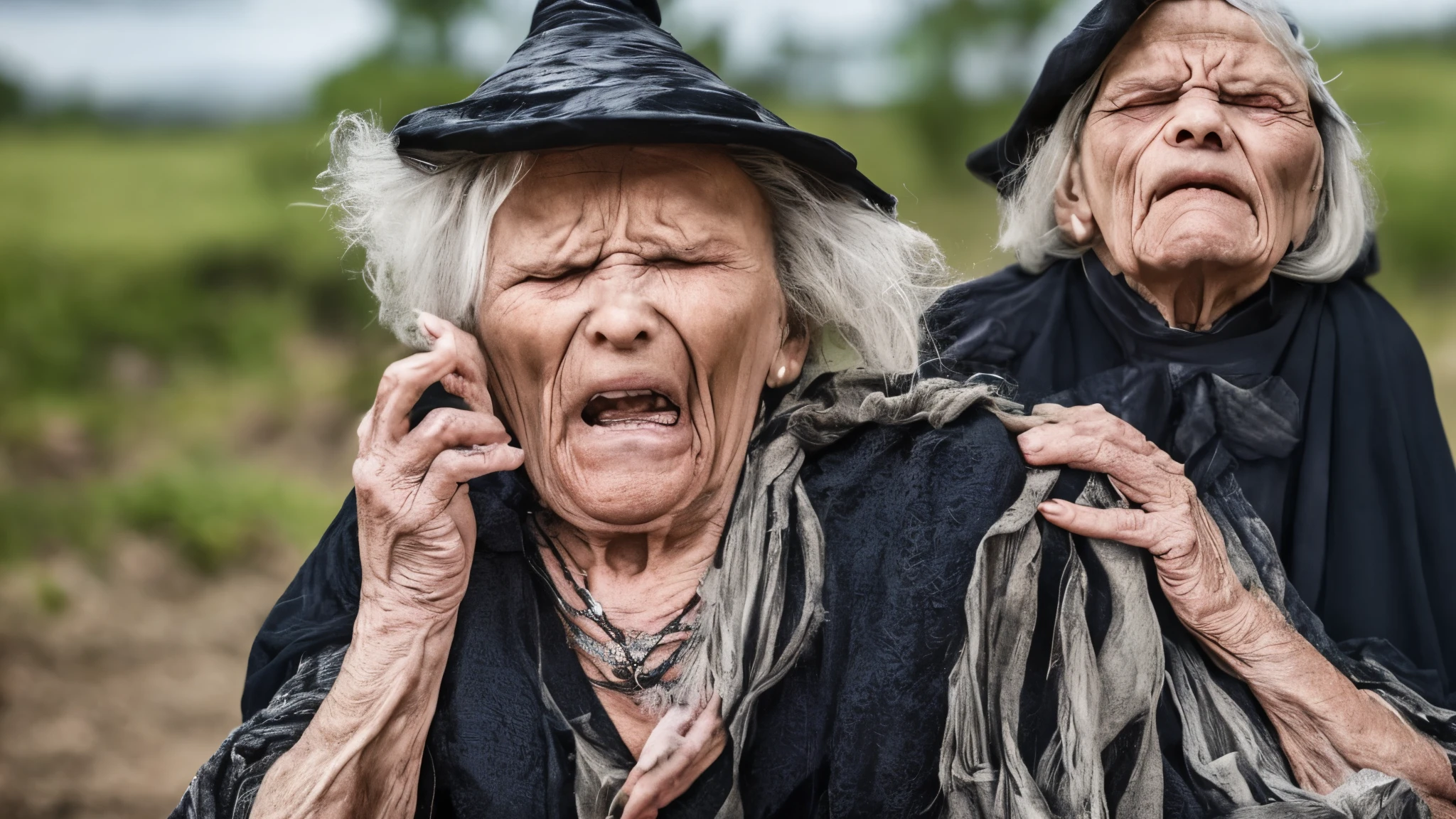 Very ugly and scary looking old  witch holding her face in shock. Her eyes are wiped. Wrinkles on her face. Mouth wide open. She has no teeth. Background is horrible. Midnight. Hell in the background. Color theme is black, and blue.