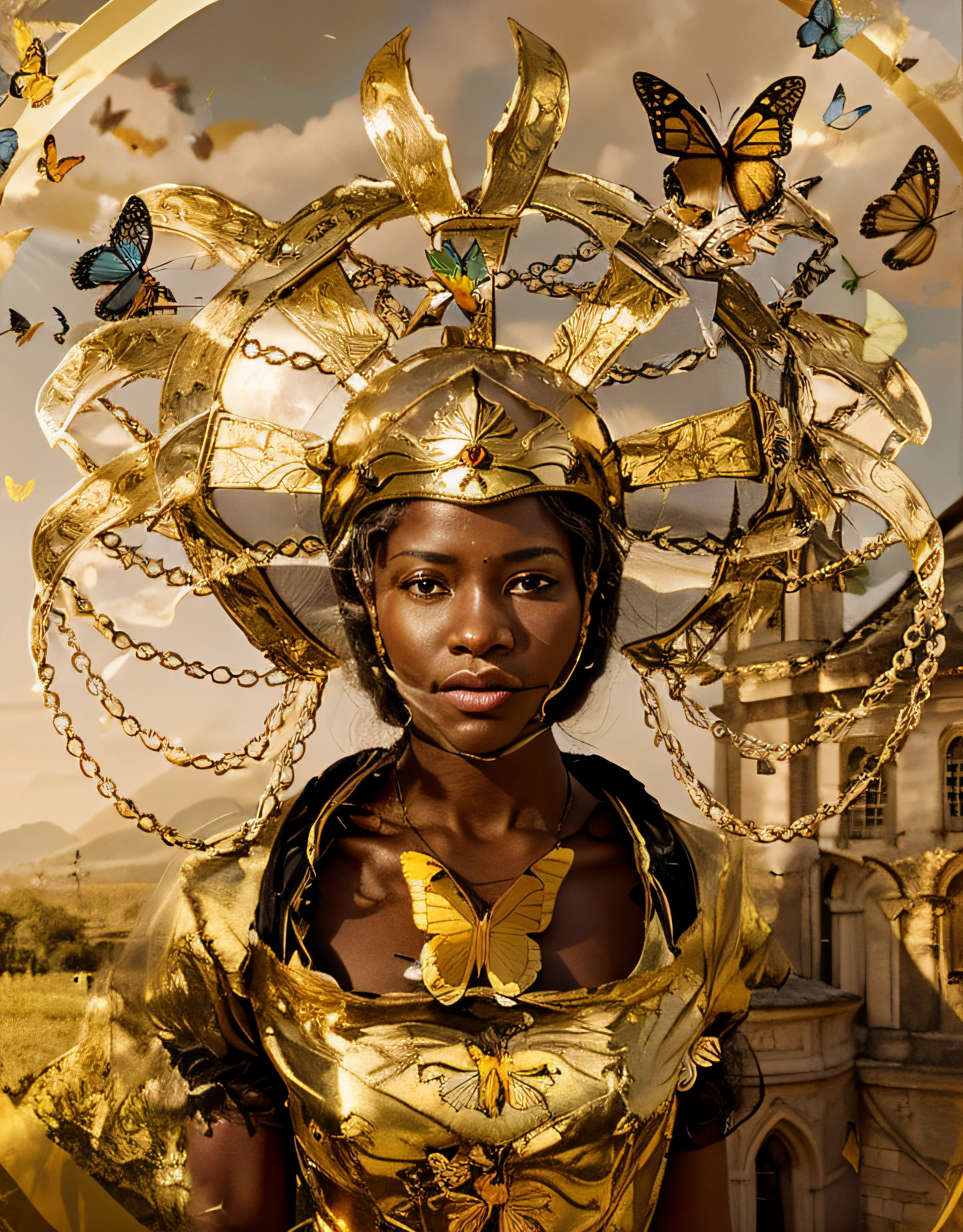 A imagem mostra uma mulher NEGRA usando um capacete dourado, que parece ser uma coroa. She is surrounded by a variety of butterflies, alguns voando ao seu redor e outros pousando nela. The woman also wears a necklace, Adding elegance to the scene. Butterflies are scattered throughout the image, some close to the woman and others further away, creating a feeling of movement and liveliness. ao lado da mulher tem uma igreja e ao fundo montanhas
