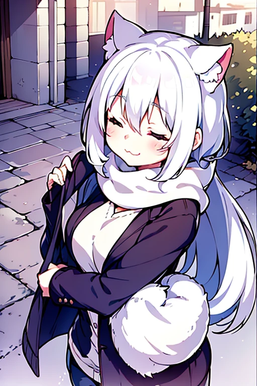 masterpiece, best quality, 1girl, white hair, medium hair, cat ears, closed eyes, looking at viewer, :3, cute, scarf, jacket, outdoors, streets,