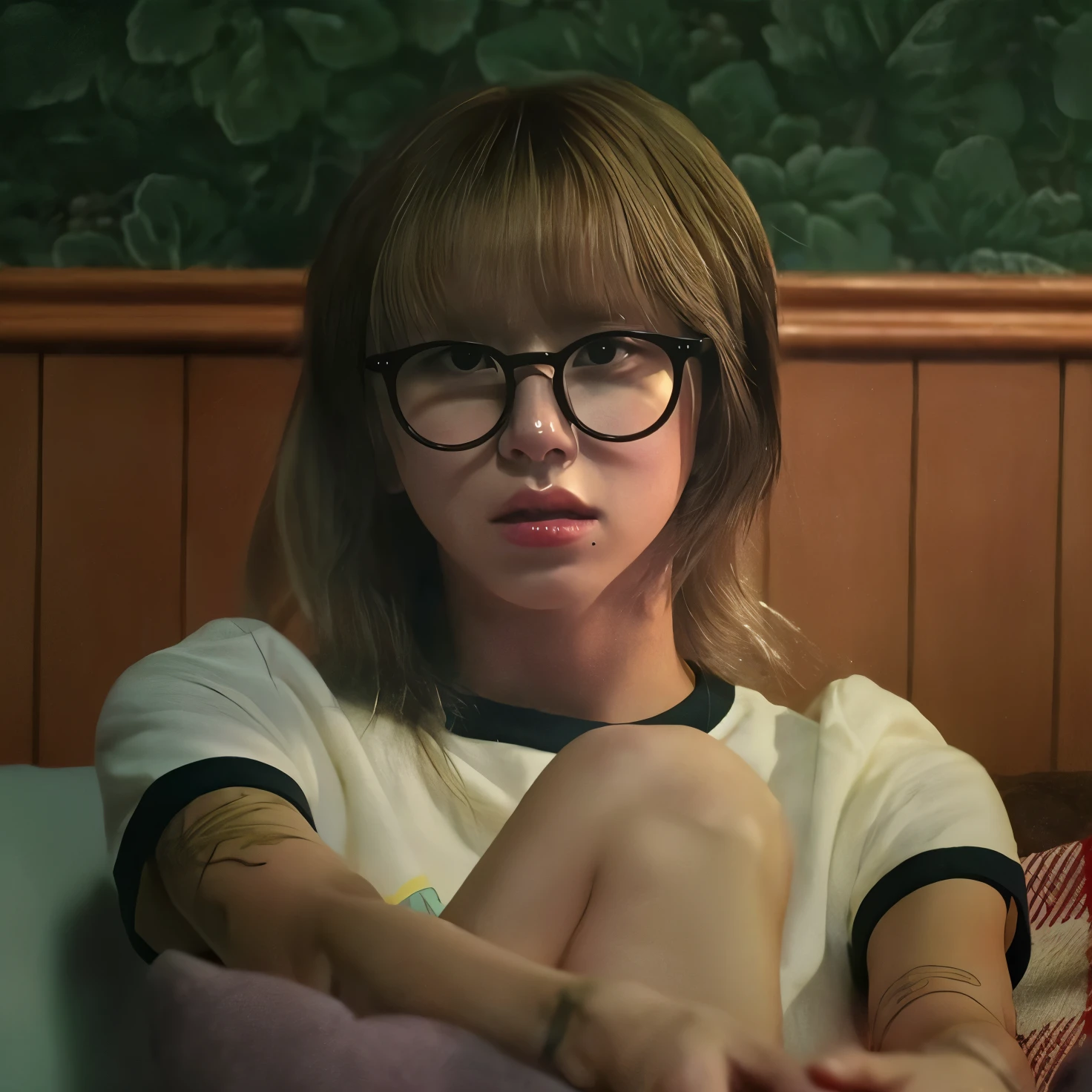 Mujer de pelo rubio con gafas sentada en una cama con una manta rosa, Emma Stone en Stranger Things, Retrato de Max Caulfield, Chica Lofi, Sun Yunjoo, Lalisa Manobal, Chica con gafas redondas, Personaje de Stranger Things, NULO, Still from the movie Alien Girl, Retrato de Lofi, Chica con gafas, Retrato de alta calidad, Bryan Lee O'Malley
