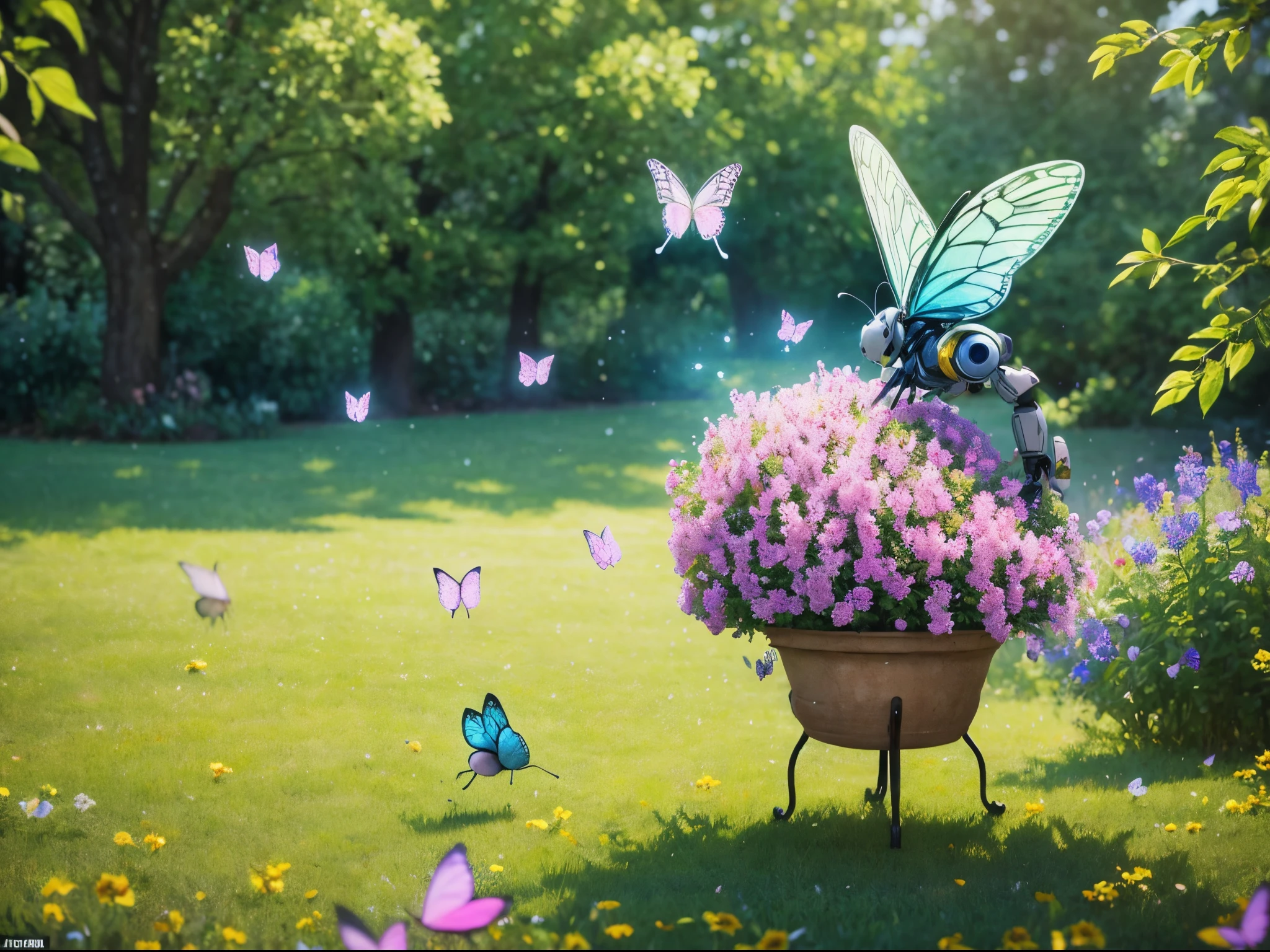 Playfully blend AI and organic elements in a whimsical landscape, featuring robotic butterflies pollinating pixelated flowers and quirky talking trees. enormous tits