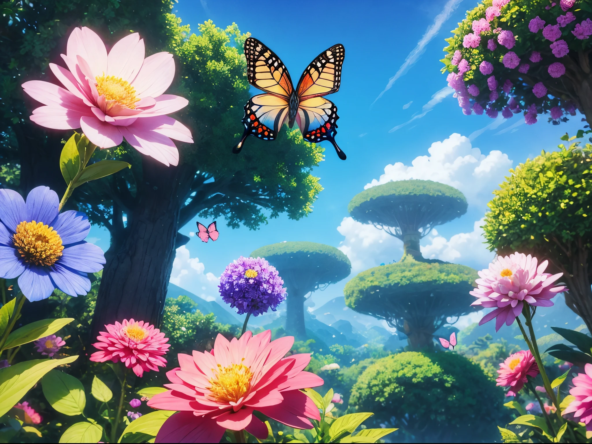 Playfully blend AI and organic elements in a whimsical landscape, featuring robotic butterflies pollinating pixelated flowers and quirky talking trees. enormous tits