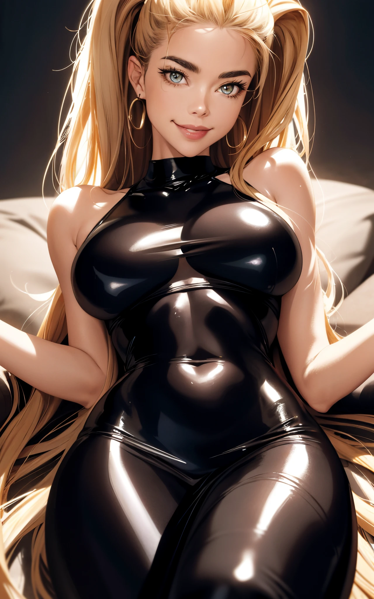 realisticlying, Denise Richards, glowing eyes, Face Real, Close-up look up from below, huge breast, Wearing a sheer tight-fitting latex dress, voluptuous, Emphasis on the thighs, sexy Face, feet out of frame, smiling, dominating, staring at viewer, smothering