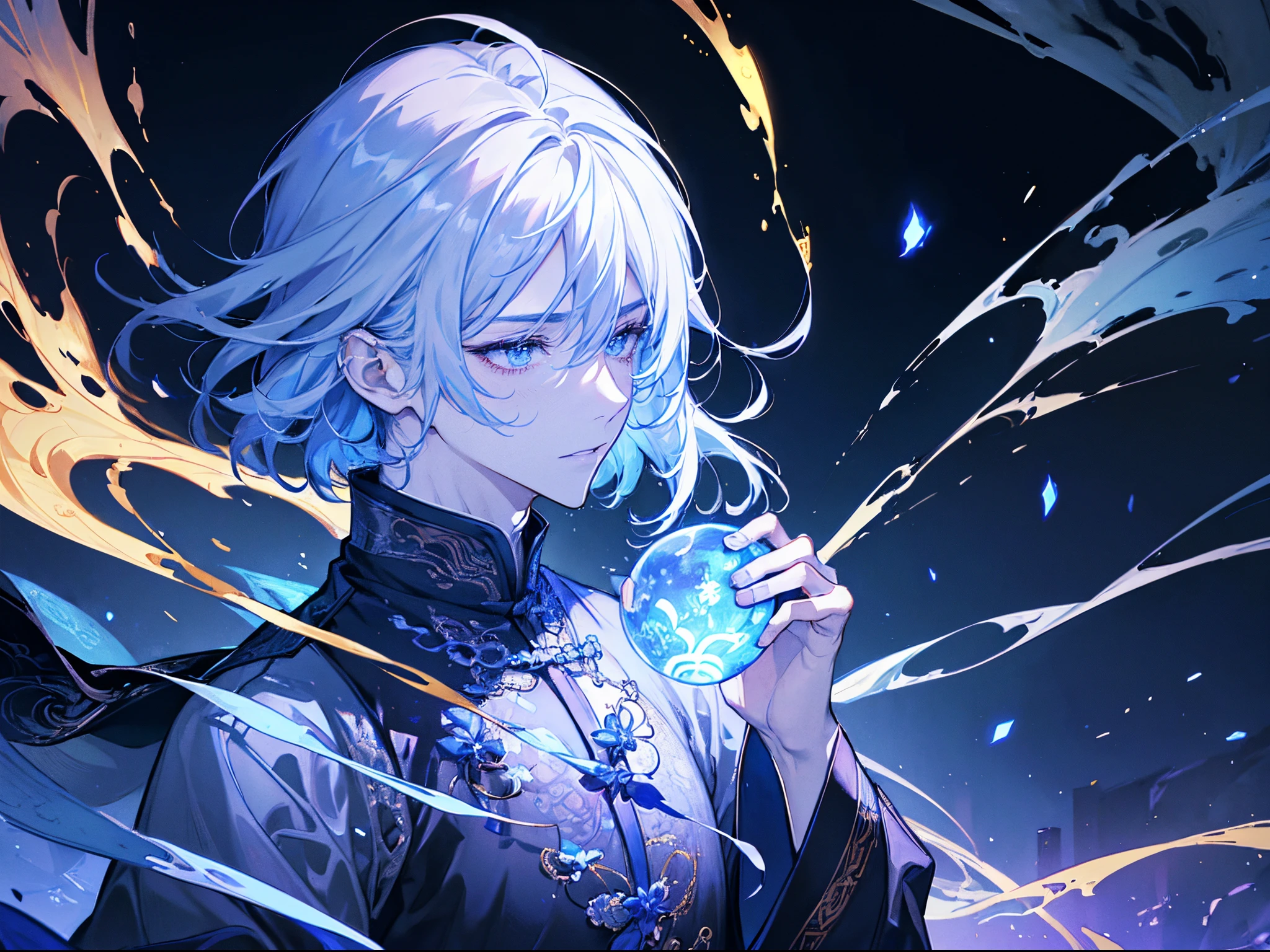 Close-up of a man holding a lamp in his hand, heise jinyao, Young shadow mage male,( long white hair)xianxia hero, author:Hero, Inspired by Fan Kuan, Inspired by Cao Zhibai, Maya Ali as Lightning Wizard, mages, inspired by Zhao Yuan, He's casting a lightning spell, Inspired by Yang Jin