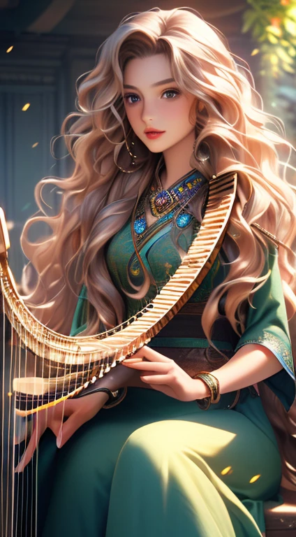 "(best quality,4k,highres,masterpiece:1.2),ultra-detailed,realistic,portrait,beautiful detailed eyes,beautiful detailed lips,extremely detailed eyes and face,longeyelashes,girl with fair skin,girl with long hair,girl with flowing hair,girl with curly hair,girl with wavy hair,girl sitting,girl playing harp,girl in a forest,girl surrounded by trees,sunlight filtering through trees,golden hour lighting,soft natural lighting,leaves rustling in the wind,dappled light,ethereal atmosphere,captivating scene,serene setting,enchanted forest,peaceful solitude,harmonious melody,lush greenery,tranquil ambiance,golden autumn colors,mystical ambiance,magical moment,nature's symphony,musical inspiration,carefree expression,sound of nature's hymn,musical harmony blended with nature,harmonious connection,ethereal beauty"