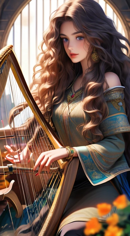 "(best quality,4k,highres,masterpiece:1.2),ultra-detailed,realistic,portrait,beautiful detailed eyes,beautiful detailed lips,extremely detailed eyes and face,longeyelashes,girl with fair skin,girl with long hair,girl with flowing hair,girl with curly hair,girl with wavy hair,girl sitting,girl playing harp,girl in a forest,girl surrounded by trees,sunlight filtering through trees,golden hour lighting,soft natural lighting,leaves rustling in the wind,dappled light,ethereal atmosphere,captivating scene,serene setting,enchanted forest,peaceful solitude,harmonious melody,lush greenery,tranquil ambiance,golden autumn colors,mystical ambiance,magical moment,nature's symphony,musical inspiration,carefree expression,sound of nature's hymn,musical harmony blended with nature,harmonious connection,ethereal beauty"
