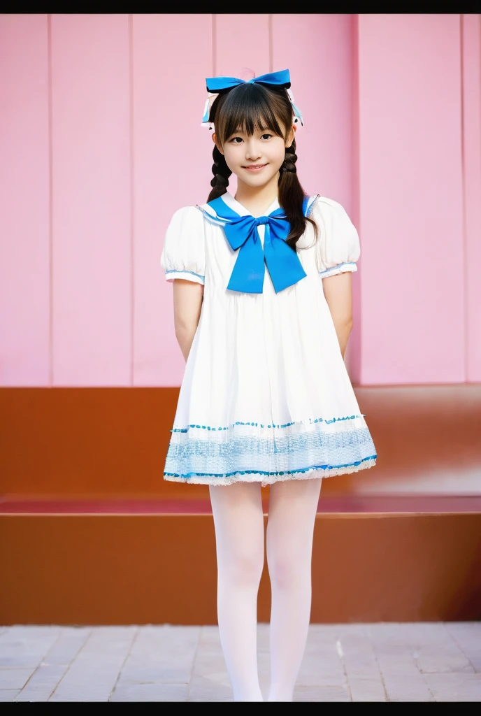 A ten-year-old girl, girl, Extra-long double ponytail,small loli,Gamine,Alone, Stood up,ssmile(,Pink and white princess dress, White panty hose,Mary Jane shoes )(Bow hair ornament,)through bangs, white backgrounid, mid closeup,85mm Lenz, tmasterpiece, (An extremely exquisite one), (Best quality at best),超高分辨率,HighDynamicRange,hyper HD,8K,Best quality at best,The content is very detailed,Focus sharp,physically-based renderingt,professional,Simple blue sky background,Photography with the Leica M11