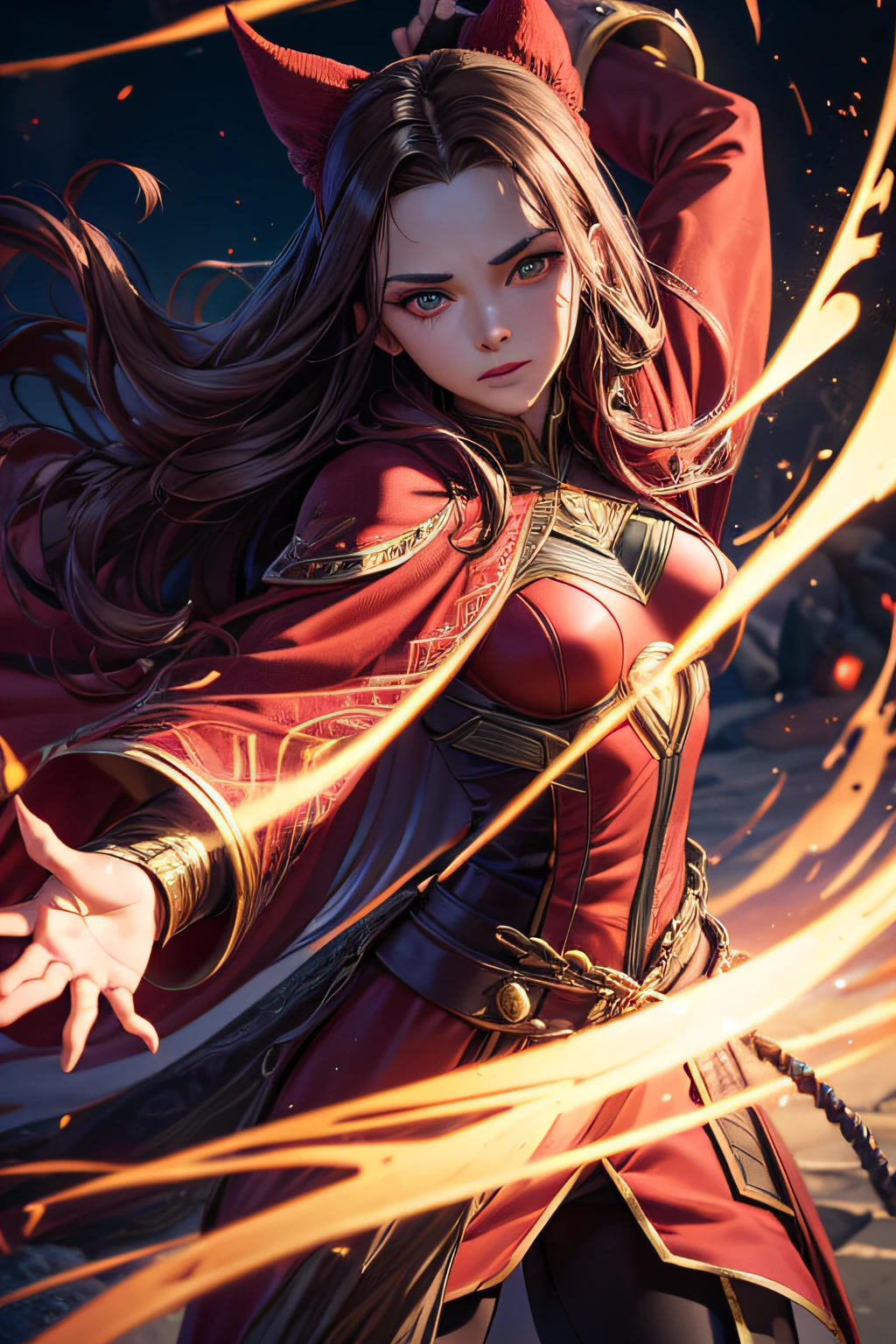 Wanda Maximov a.k.a. Scarlet Witch, cloak, movie accurate costume, combat stance, highly detailed, vibrant appearance, creative behavior, extremly detailed, imaginative, sensual, spontaneous, highest quality, skin texture, intricate details, (cinematic lighting), RAW photo, 8k, masterpiece,best quality,ultra-detailed,very detailed illustrations,extremely detailed,intricate details,highres,super complex details,extremely detailed 8k cg wallpaper,