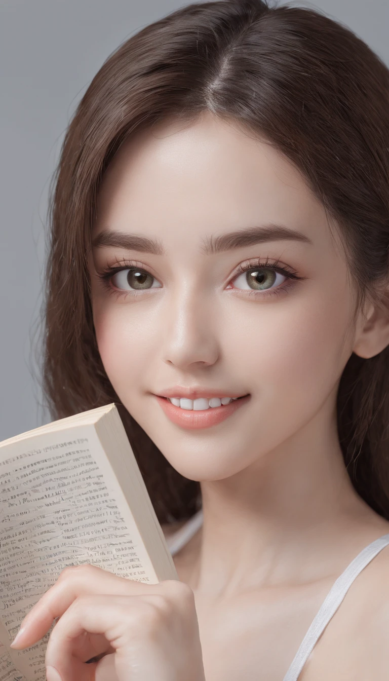 Cute beautiful brunette in a tiny bikini, with a book in his hand, full body, perfect angle, very detailed, 32 years old, flirty face, messy long hair, green eyes, high-res, masterpiece, best quality ,intricate details, highly detailed, sharp focus, detailed skin, realistic skin texture, texture, detailed eyes, professional, 4k, smile, shot on Canon, 85mm,shallow depth of field, kodak vision color, eyeshadow, extremely detailed, photo_\(ultra\), photorealistic, realistic, post-processing, max detail, roughness, real life, ultra realistic, photorealism, photography, 8k uhd, photography, pokies