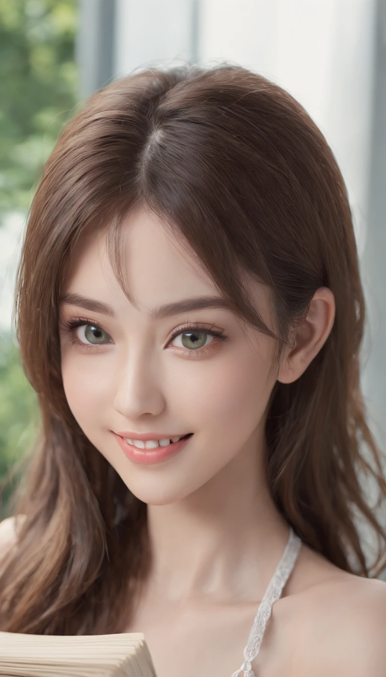 Cute beautiful brunette in a tiny bikini, with a book in his hand, full body, perfect angle, very detailed, 32 years old, flirty face, messy long hair, green eyes, high-res, masterpiece, best quality ,intricate details, highly detailed, sharp focus, detailed skin, realistic skin texture, texture, detailed eyes, professional, 4k, smile, shot on Canon, 85mm,shallow depth of field, kodak vision color, eyeshadow, extremely detailed, photo_\(ultra\), photorealistic, realistic, post-processing, max detail, roughness, real life, ultra realistic, photorealism, photography, 8k uhd, photography, pokies