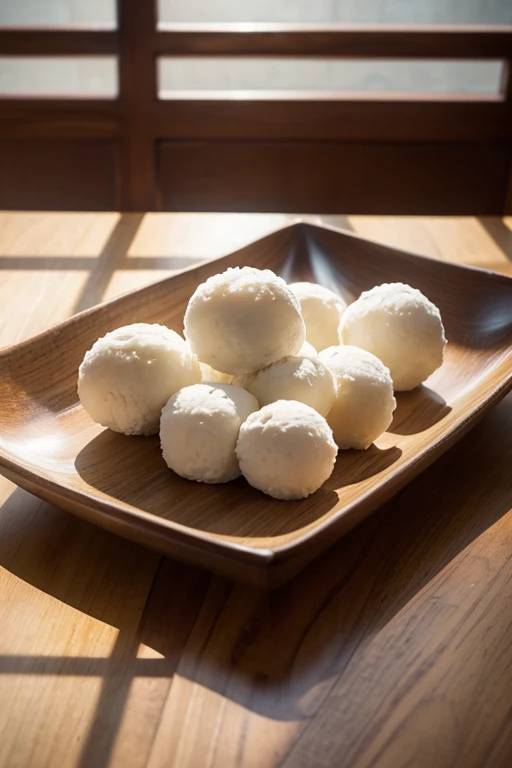 The kitchen scene is mainly white/Wooden solid color table in front/Taiwanese rice balls on the table/Soft light and shadow effects/Strong sense of space/lock focus/The picture is delicate and delicate/8K