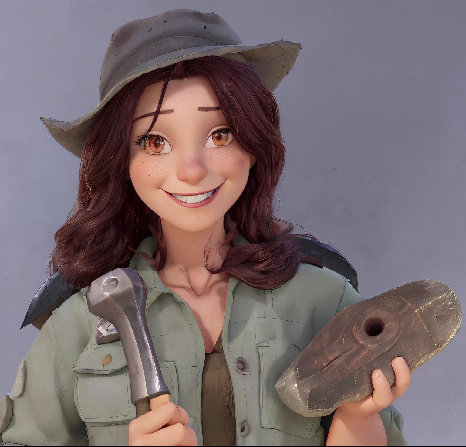 smiling woman in a hat holding a hammer and a rock, dressed as a scavenger, holding a poisonous axe, fernanda suarez, jill stingray, by Verónica Ruiz de Velasco, by Pamela Drew, portrait shot, with axe, headshot photo, female investigator, magda torres gurza, photo portrait, portrait of a female ranger, sil from species