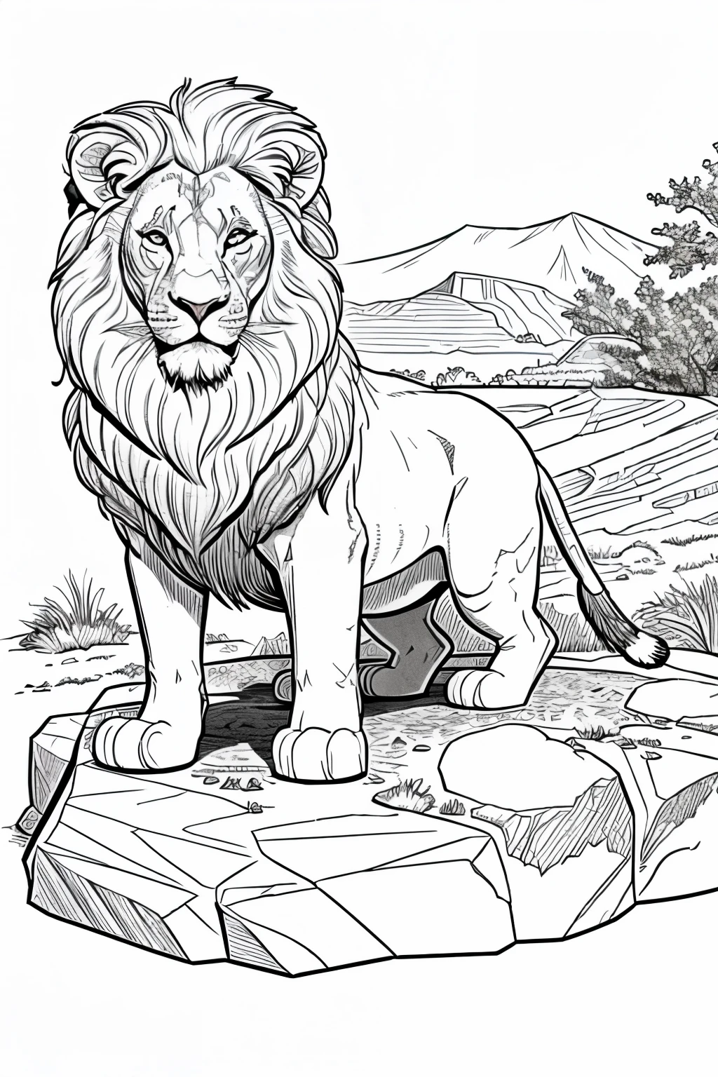 coloring page for, kids, lion in the rock ,real lion cartoon style, thick lines, low details, no shading