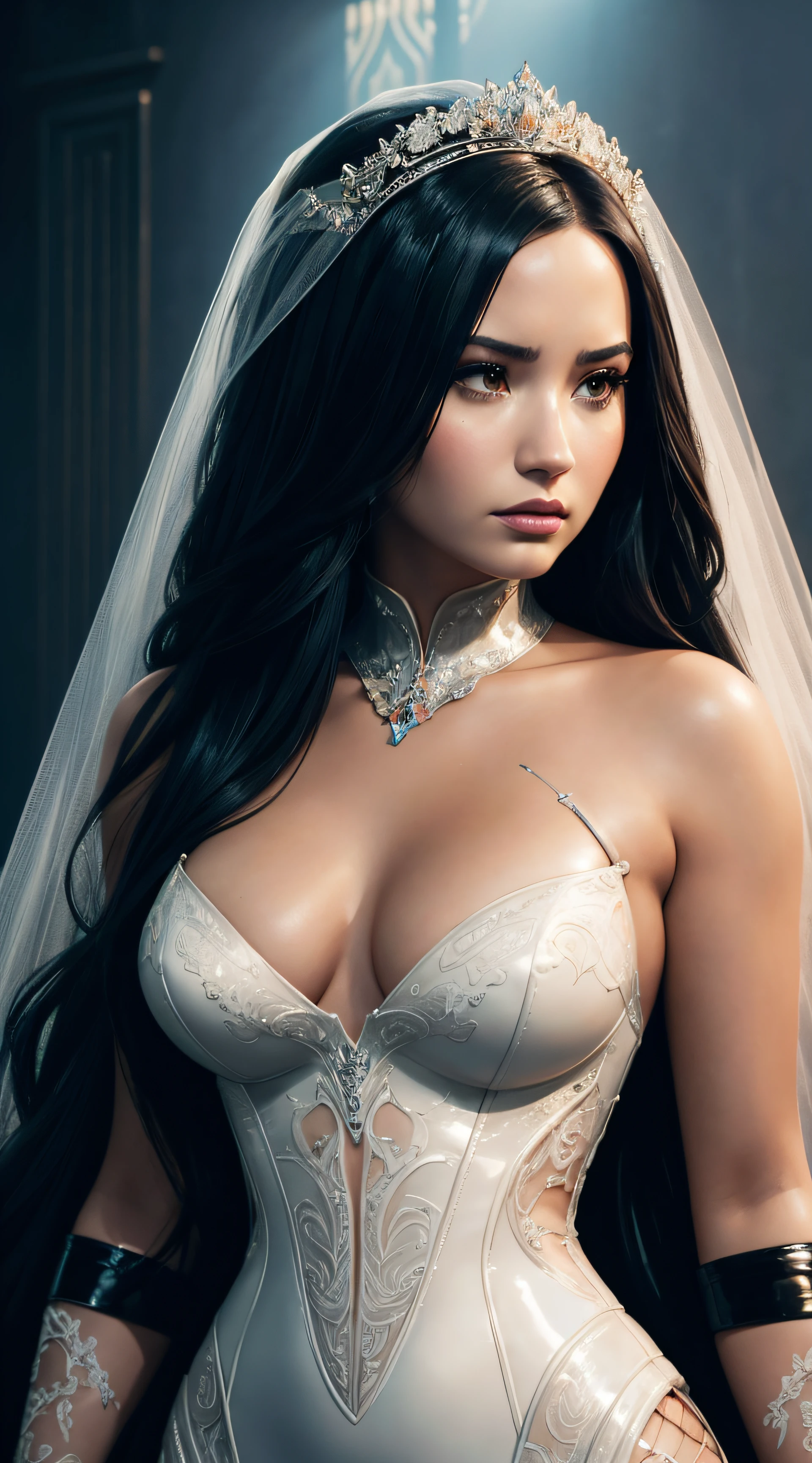 Demi Lovato, latex bride sexy clothes, character portrait, 4 9 9 0 s, long hair, intricate, elegant, highly detailed, digital painting, artstation, concept art, smooth, sharp focus, illustration, art by wlop, charlie bowater and alexandra fomina, no water marks