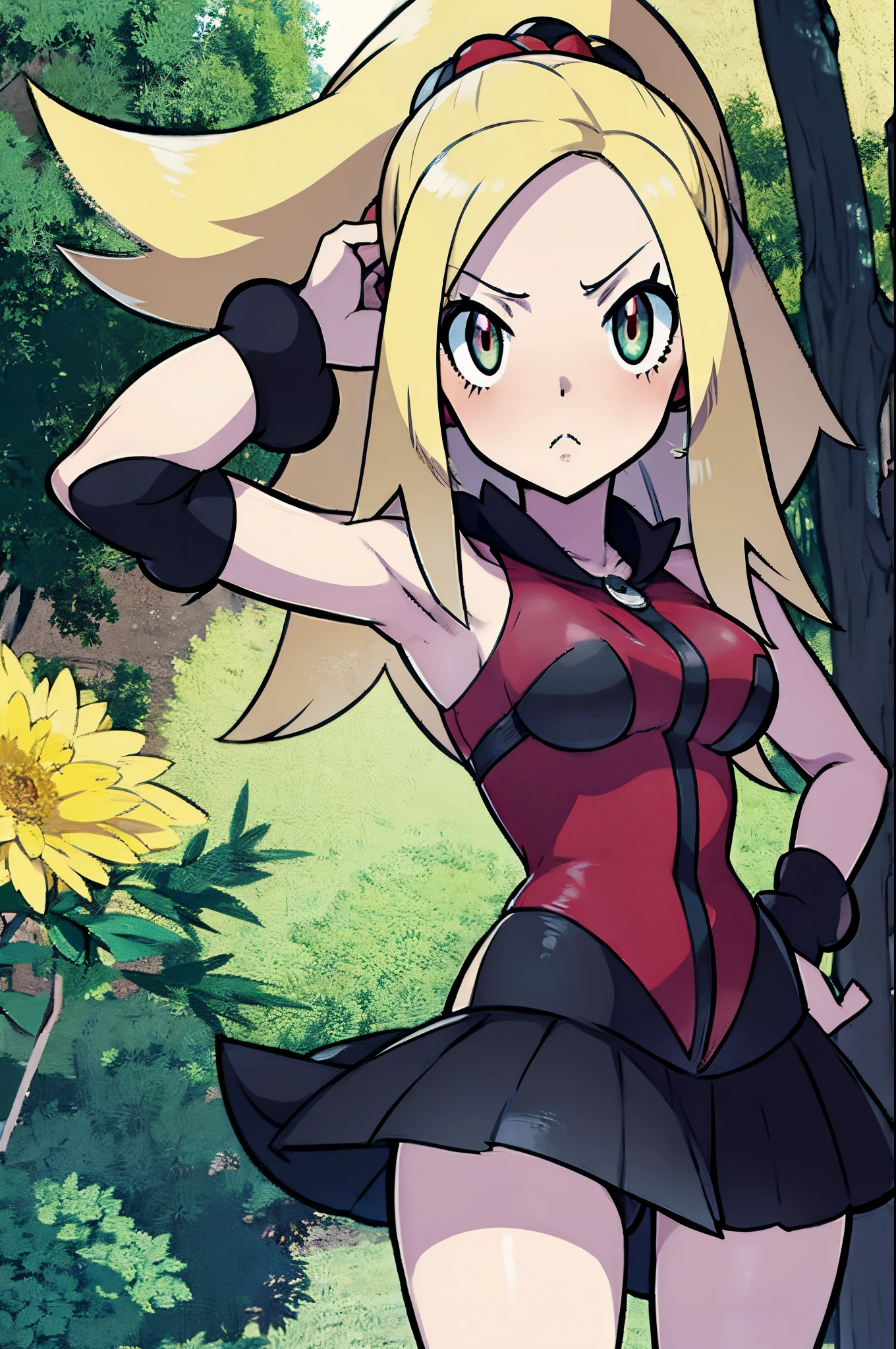 Pokemon trainer, goth rock girl, fatal female, beautiful girl, serious, blonde hair, tattoo, ken sgimori style, pokemon style, anime style