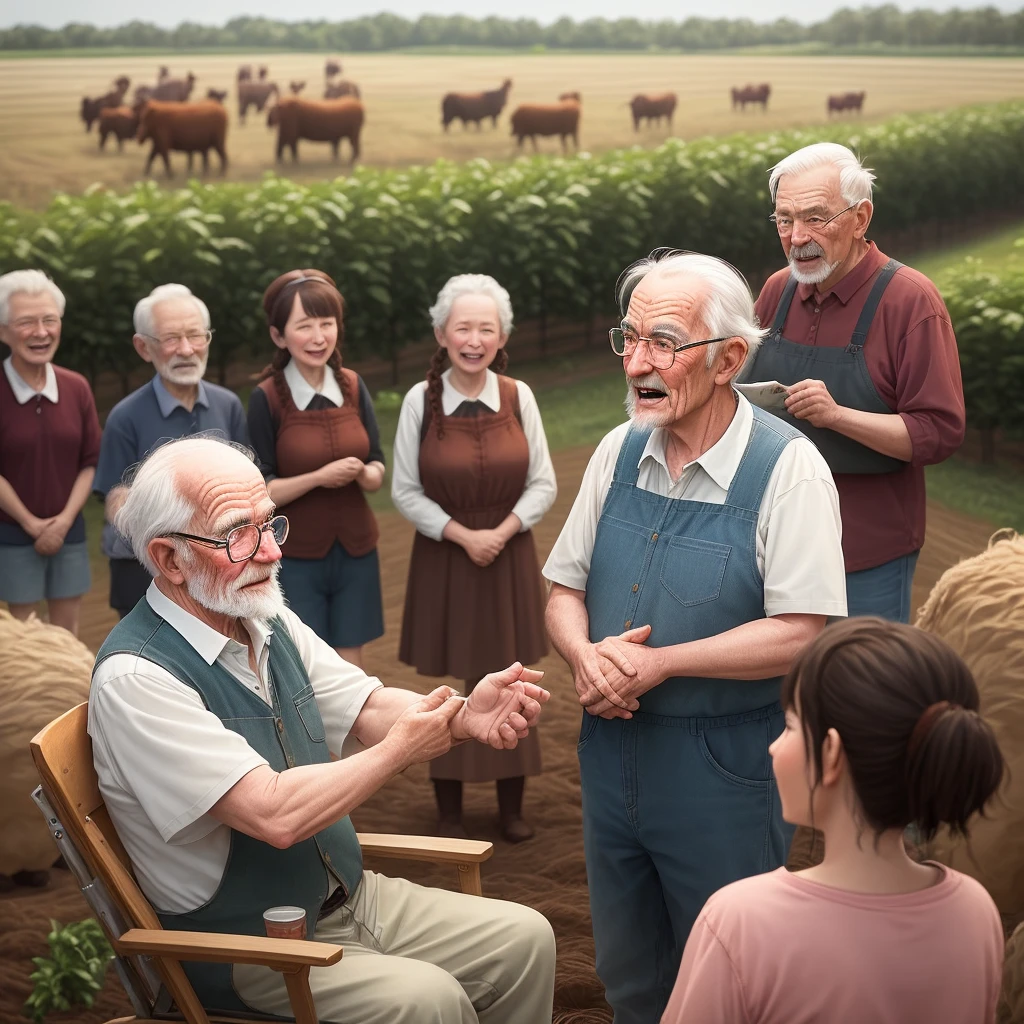 Create an old man on the farm telling a story to a crowd of people create diverse images