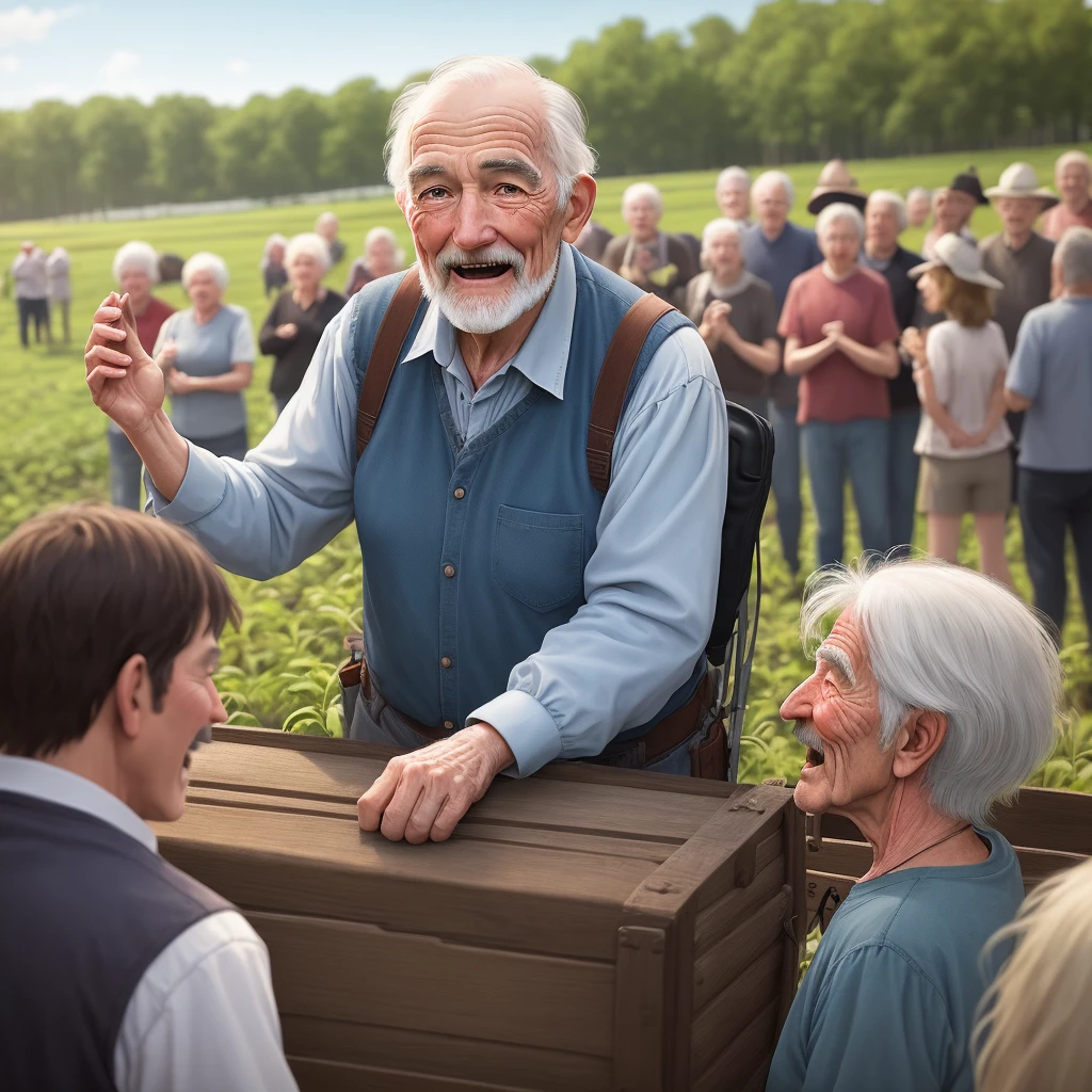Create an old man on the farm telling a story to a crowd of people create diverse images
